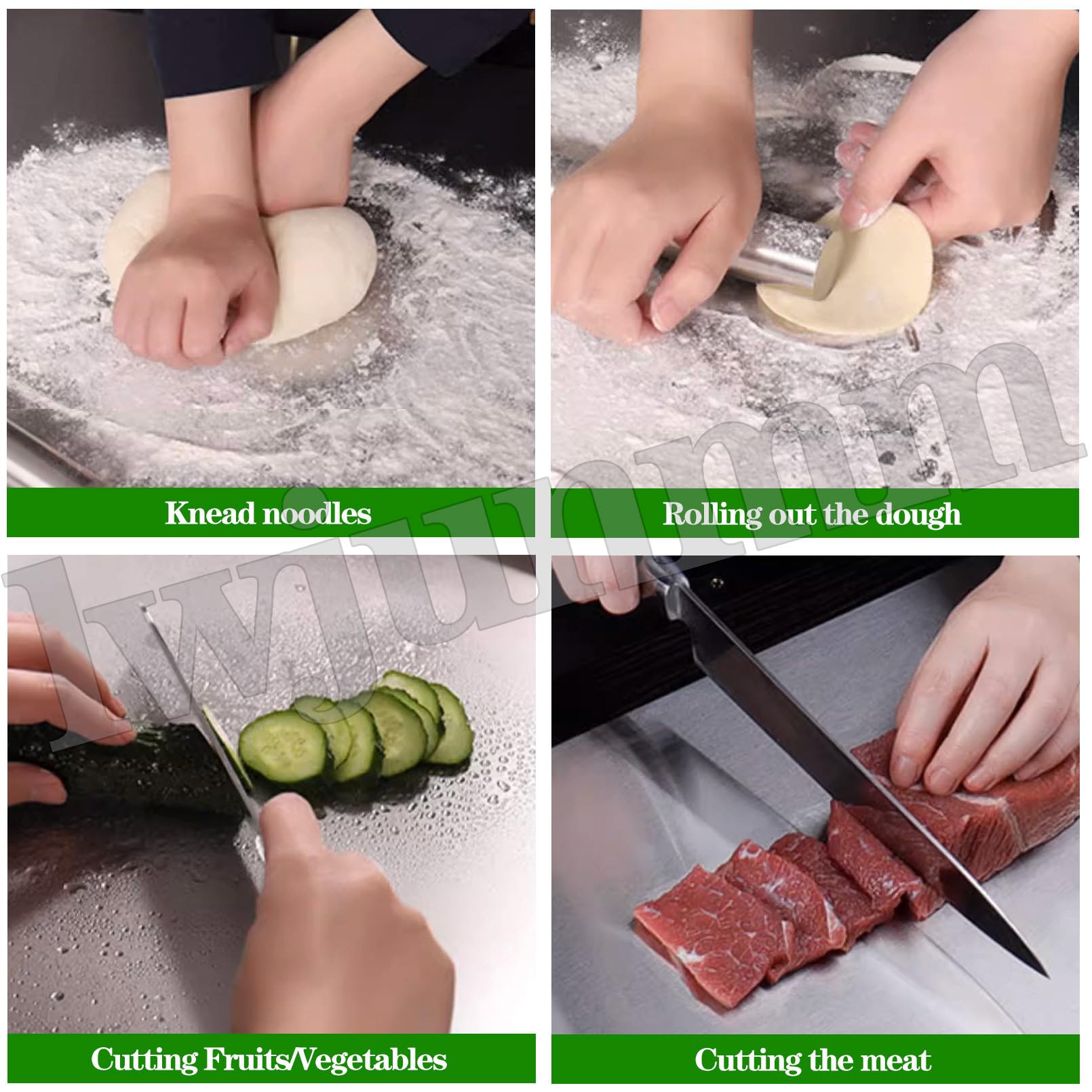 Tabla de cortar de acero inoxidable con protección de bordes, incluye rodillo y raspador de repostería para preparación de cocina