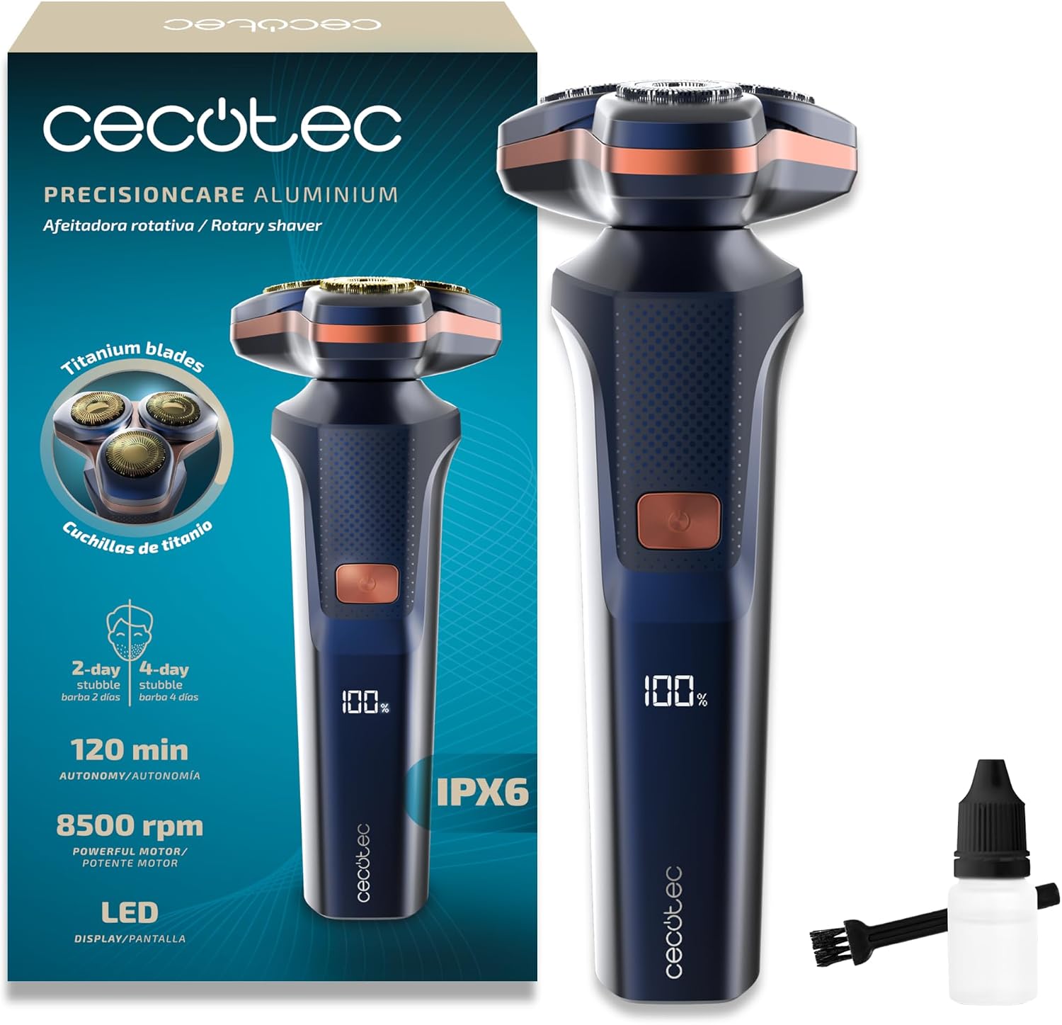 Cecotec PrecisionCare Aluminium Golarka. Ostrza do długich i krótkich włosów, inteligentny wyświetlacz LED, 2 prędkości, 8500 obr./min, autonomia 2h, głowica magnetyczna i powłoka tytanowa