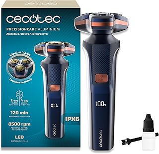 Cecotec Afeitadora Rotativa PrecisionCare Aluminium. Cuchillas para Pelo Largo y Corto, Pantalla LED Inteligente, 2 Velocidades, 8500rpm, Autonomía 2h, Cabezal Magnético y Revestimiento de Titanio