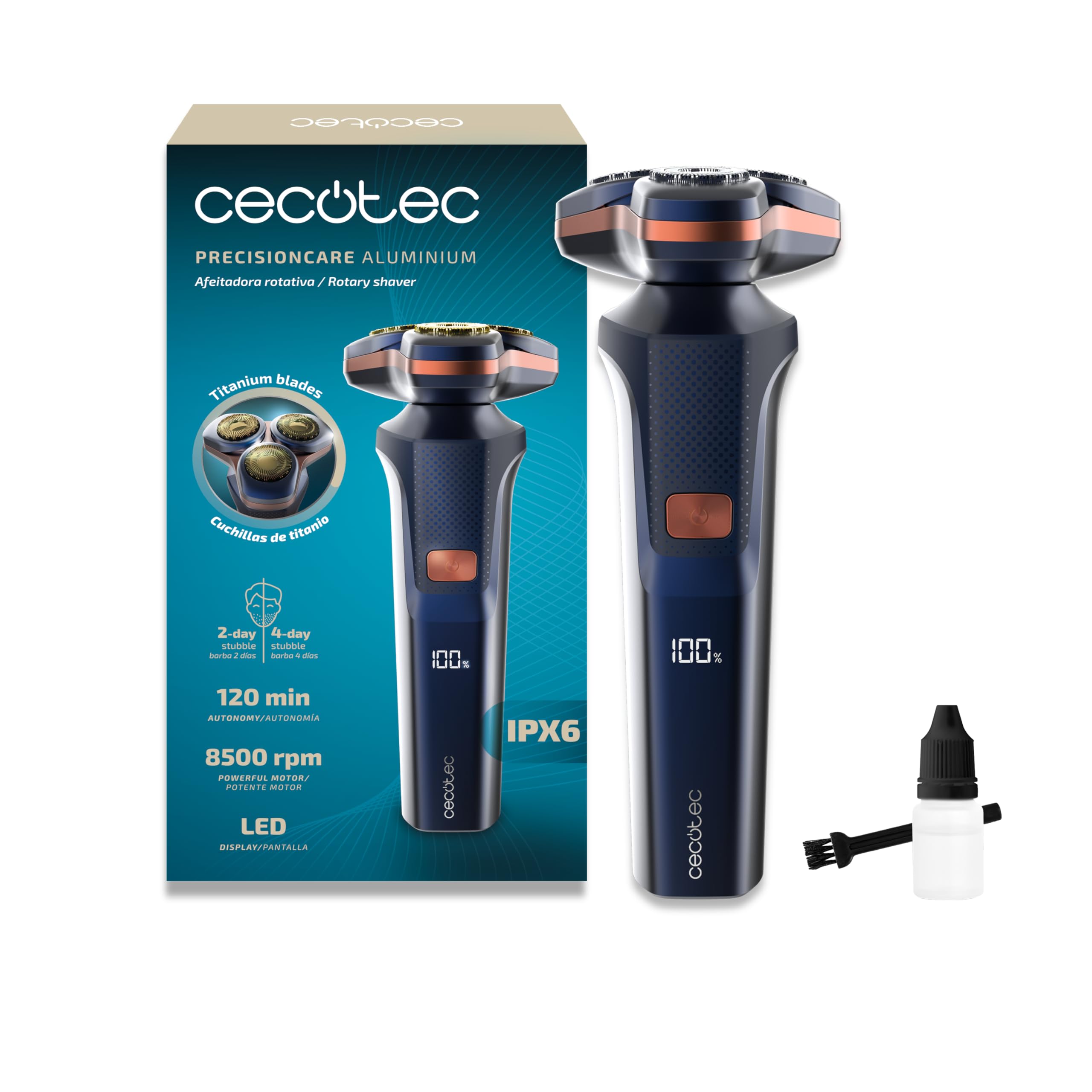 Cecotec PrecisionCare Aluminium Rotary Shaver Blades for Long and Short Hair, Smart LED Display, 2 Speeds, 8500rpm, 2H Autonomy, Magnetic Head and Titanium Coating