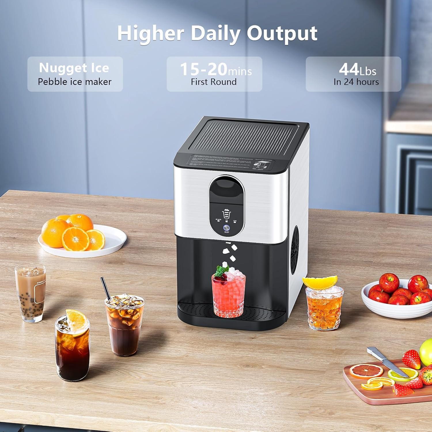 Nugget Ice Makers Countertop, 44lbs/24h Pellet Ice Maker With Ice Dispenser, Self-Cleaning, Water Reservoir, Soft Chewable Ice Maker Machine For Home/Kitchen/Office, Silver Stainless on Fridge.com - View 5