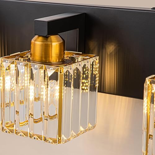 Miniatura 3 de Lámpara de tocador de baño de cristal negro y dorado, 4 luces de iluminación de baño sobre espejo, moderna iluminación de pared de cristal con