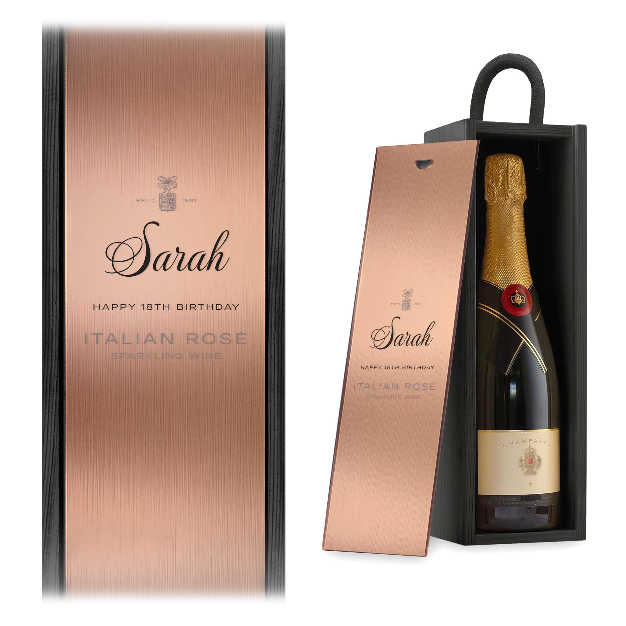 A1 Graphics Ltd Prosecco Wine Box Custom Printed Weddings Anniversary Bridesmaid Groomsmen Birthdays Christmas (Black Box/Rose Gold Lid)