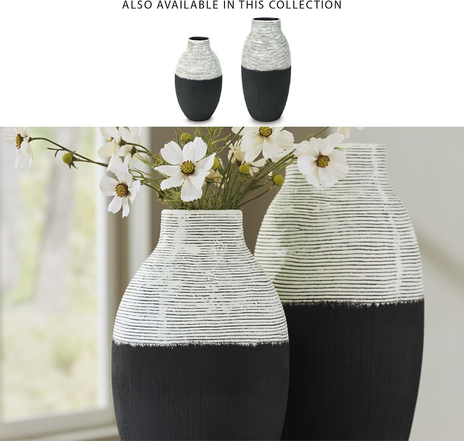 Signature Design by Ashley Tall Large Decorative Vase, Black and White | Heavy 6 lb polyresin construction, Distressed rustic texture and oval shape for non-watertight dry styling, Girtha Series