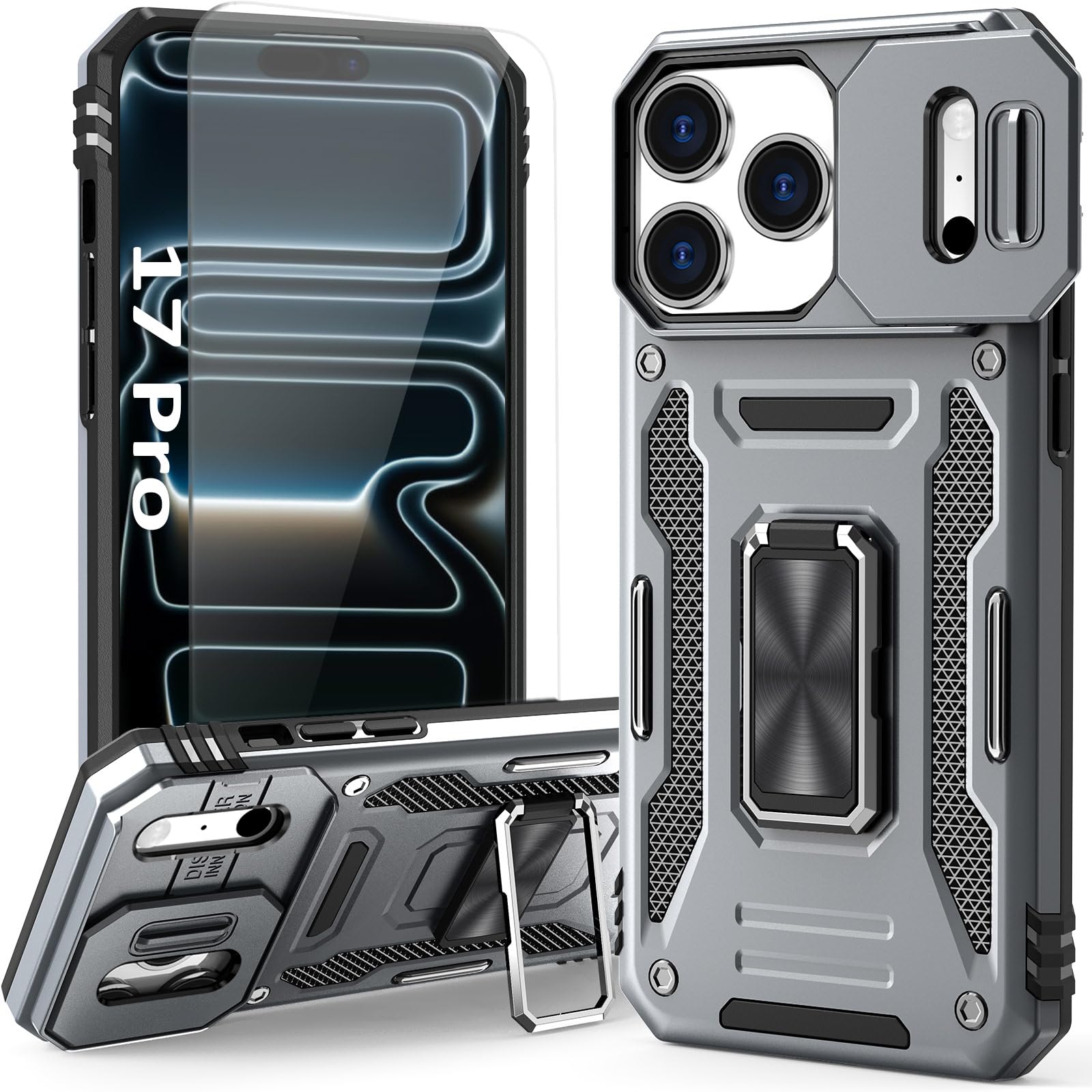 Shockproof Phone Case Compatible with iPhone 17 Pro Case with Kickstand & HD Screen Prote…
