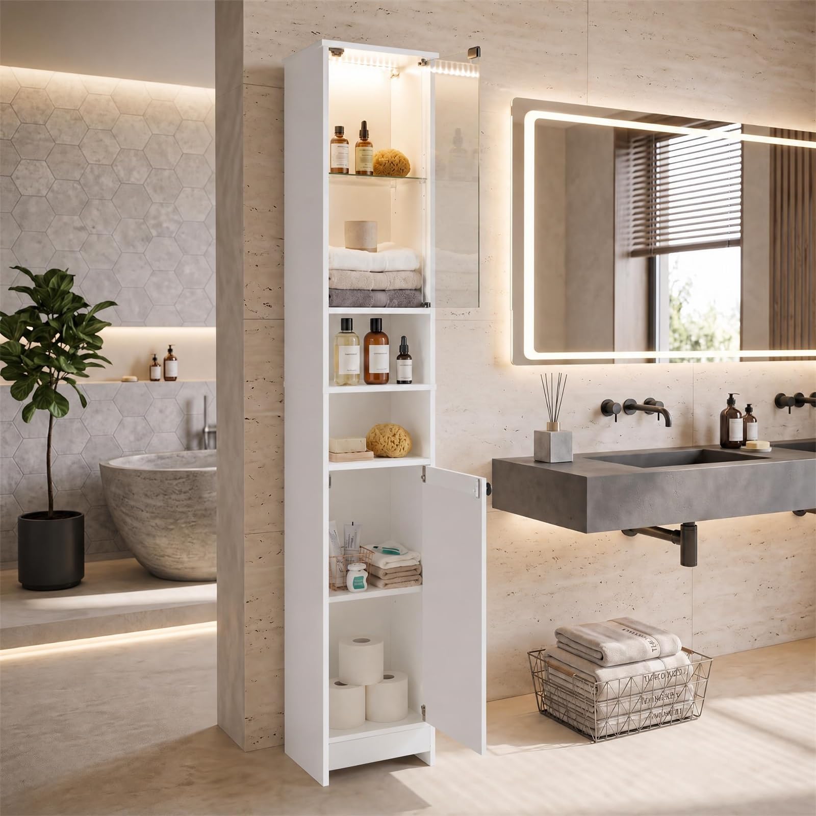 LIFEZEAL Meuble Salle de Bain avec LED, Télécommande, Colonne de Rangement Étroit Haut avec Porte en Verre Trempé, Étagères Réglables, Armoire sur Pied pour WC Cuisine Salon, 30 x 30 x 170 cm (Blanc)