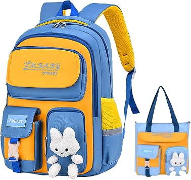 Cute School Backpacks for Girls Cartoon Bunny Bookbag Reflective Daypack with Lunch Bag for Kids Ages 8-15 blue