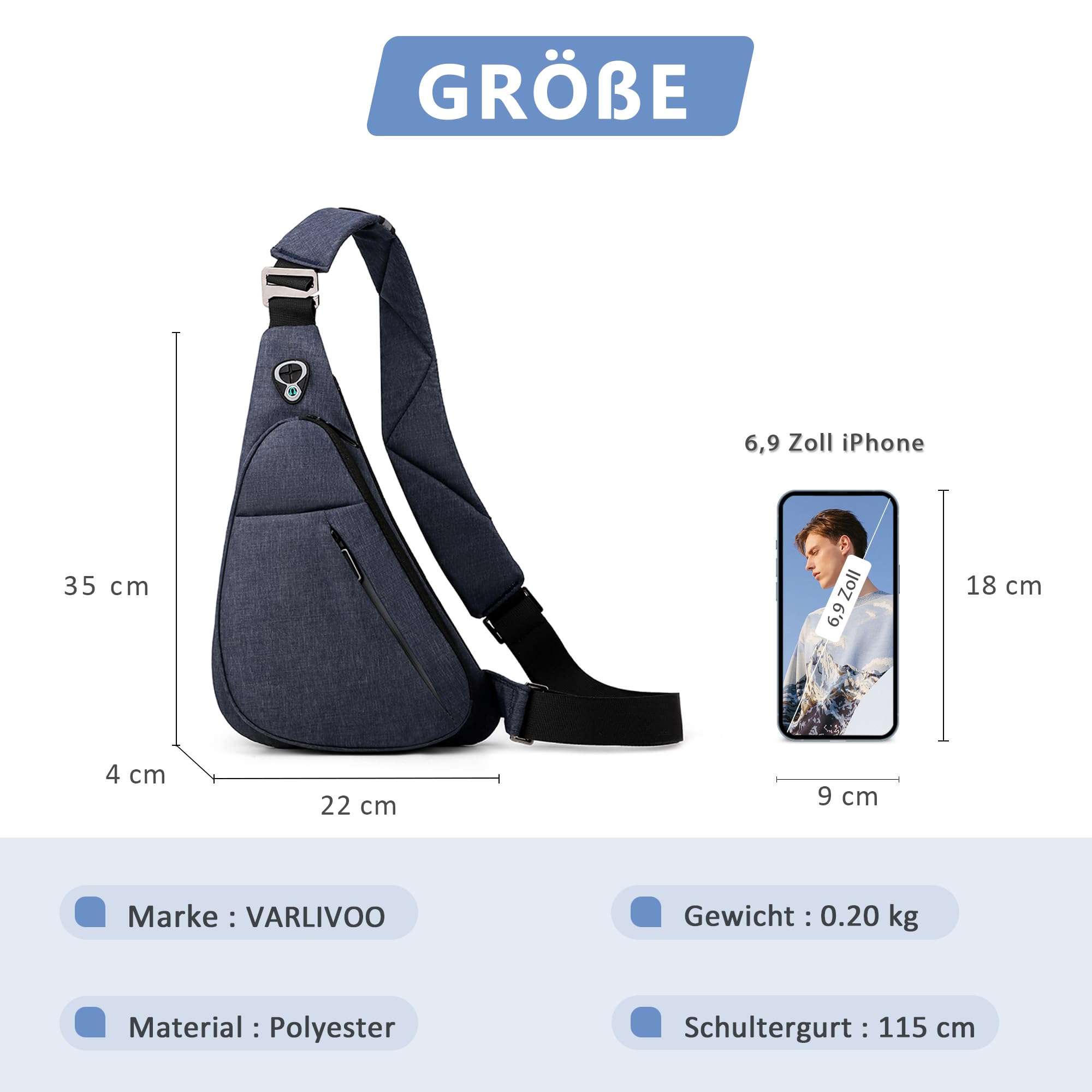 VARLIVOO Brusttasche Herren, Wasserdicht Leichte Umhängetasche Klein, Sling Bag Anti Diebstahl für Reisen Wandern Sport Blau B