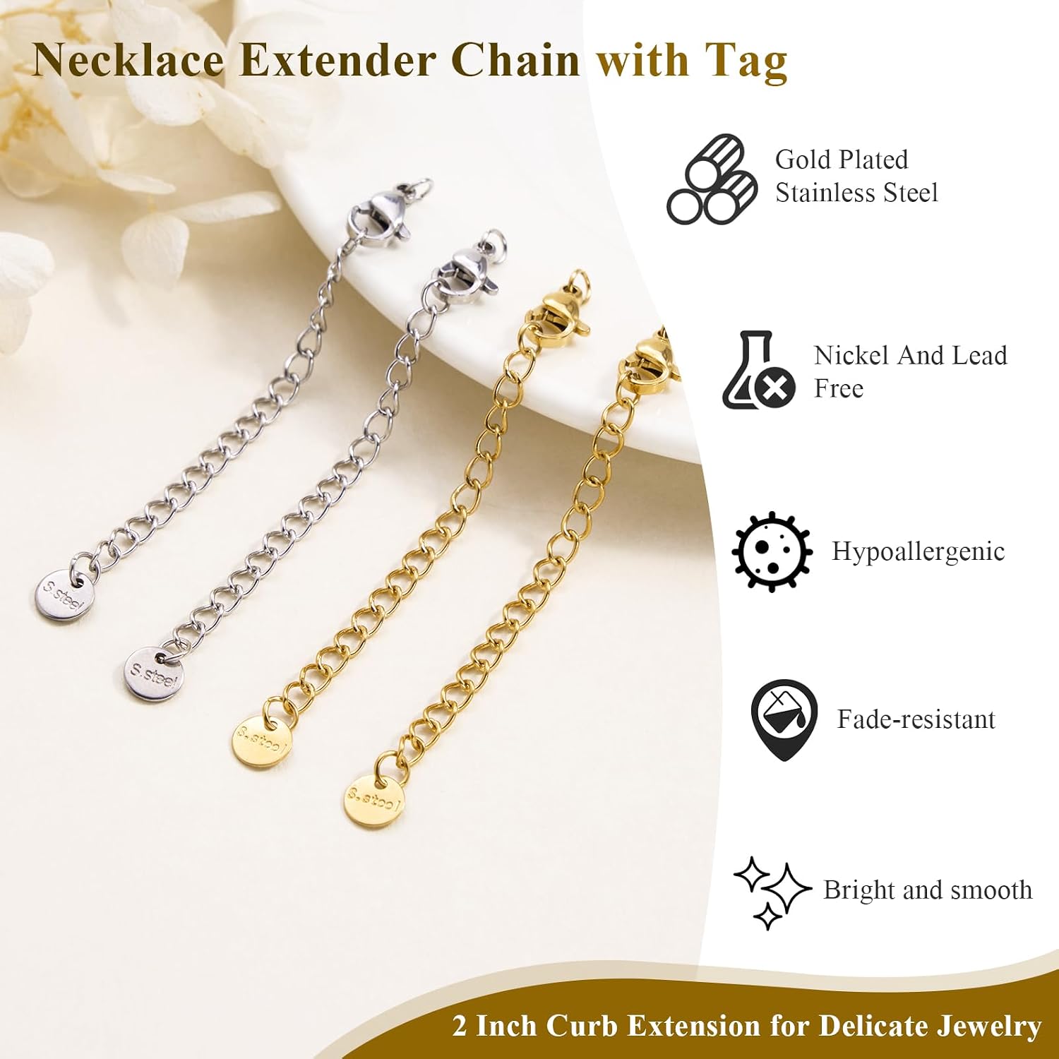 20PCS Stainless Steel Curb Chain Extender Gold and Silver Necklace Extenders 2 Inch Necklaces Bracelet Anklet Extension for Jewelry Making Supplies
