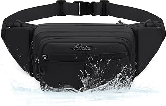 HNOOM Sac Banane Femme Homme Etanche, Sacoche Banane Homme Grand (Noir) | Sacoche Ceinture Homme Réglable, Sac Banane Femme Bandoulière Grande Capacité, 5 Poches Zippées, Sac Banane Pour Voyages