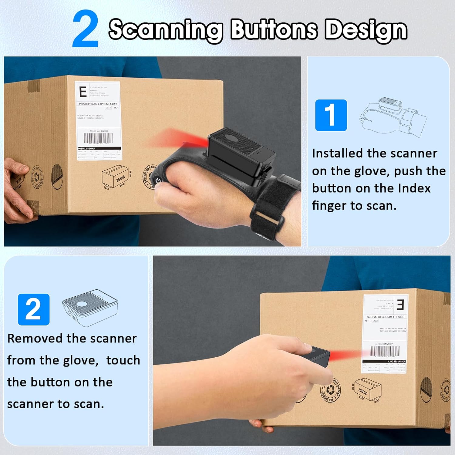 Diagram illustrating two scanning methods for the Symcode Wearable Barcode Scanner