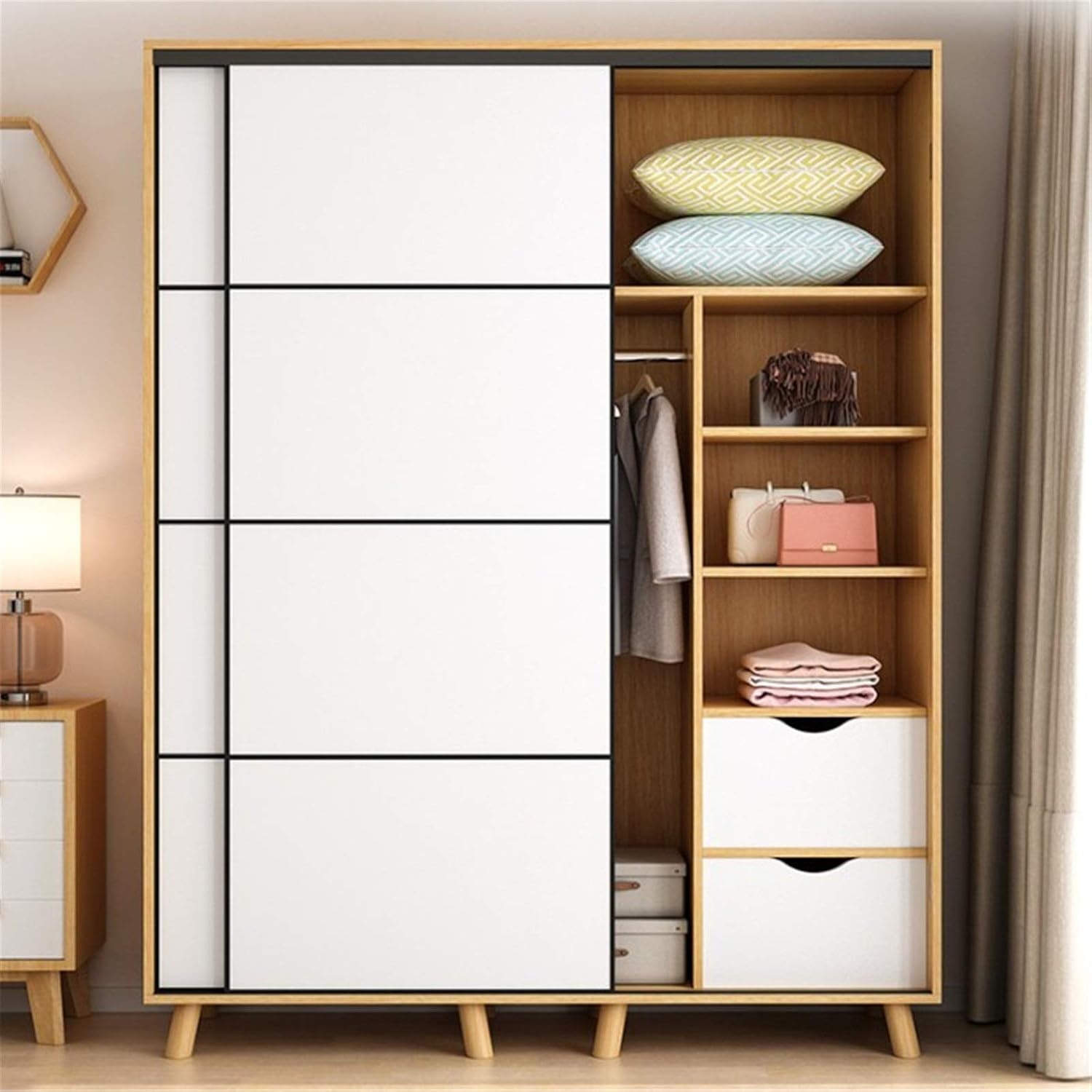 Wardrobe Wardrobe Home Bedroom Small Apartment Modern Simple Simple Rental Room Sliding Door Children’s Cabinet (Color : Natural Size : 190x50x160cm)