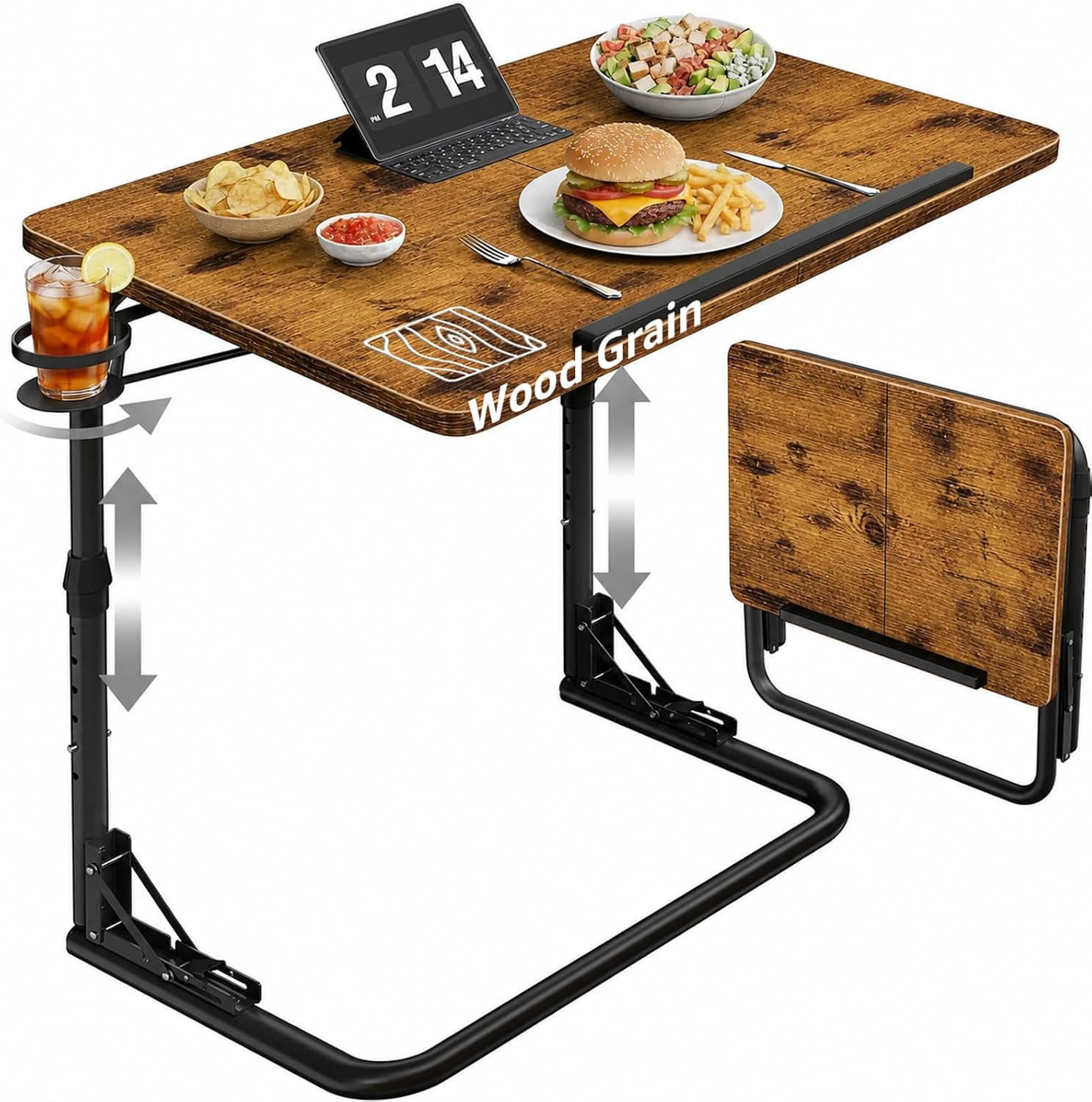 Folding TV Tray Table - Adjustable Height Sofa Rustic Side Table, Wooden Portable Trays for Eating On Couch, Laptop Stand with Cup Holder, C Shaped Foldable Desk