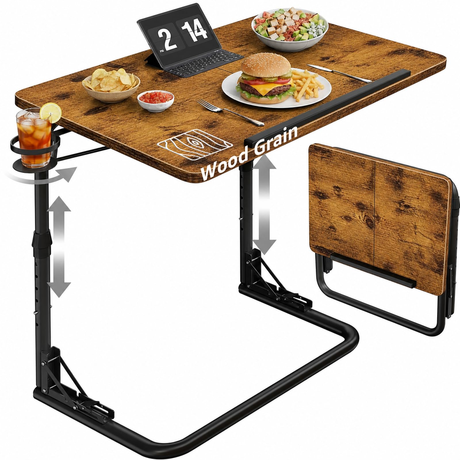 Tavolino pieghevole per TV – Tavolino rustico regolabile in altezza, vassoio portatile in legno per mangiare sul divano, supporto per laptop con portabicchieri, scrivania pieghevole a forma di C