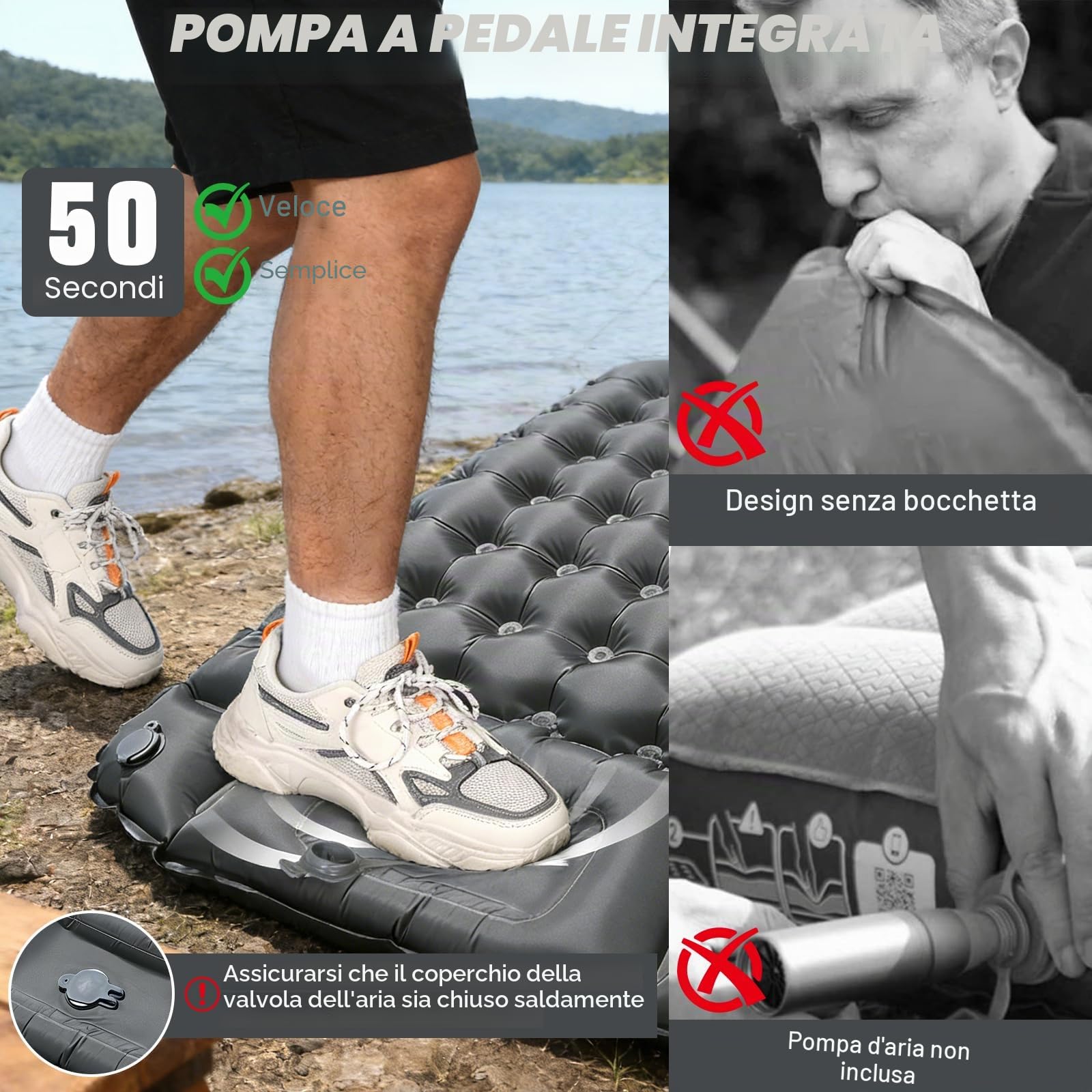 Materassino Campeggio Autogonfiante, Ultraleggero Materasso Gonfiabile Campeggio con Cuscino, Portatile Materassino Autogonfiabile per Escursionismo, Trekking, Tenda(Grigio)