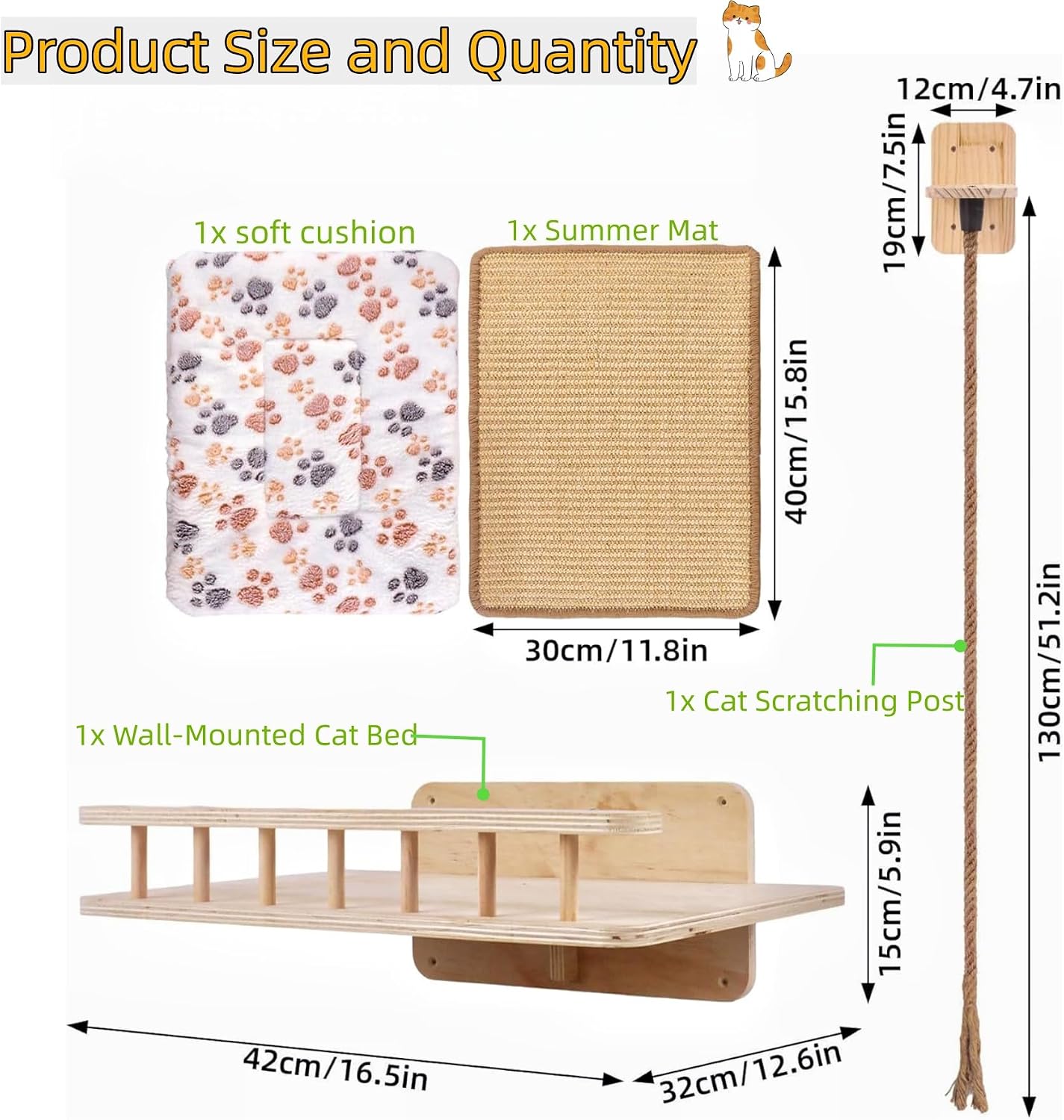 Wall-Mounted Cat Bed & 4.3ft Climbing Rope, with Soft Cushion & Cool Mat, Wall-Mounted Cat Furniture for Sleep Climb, Easy DIY Installation