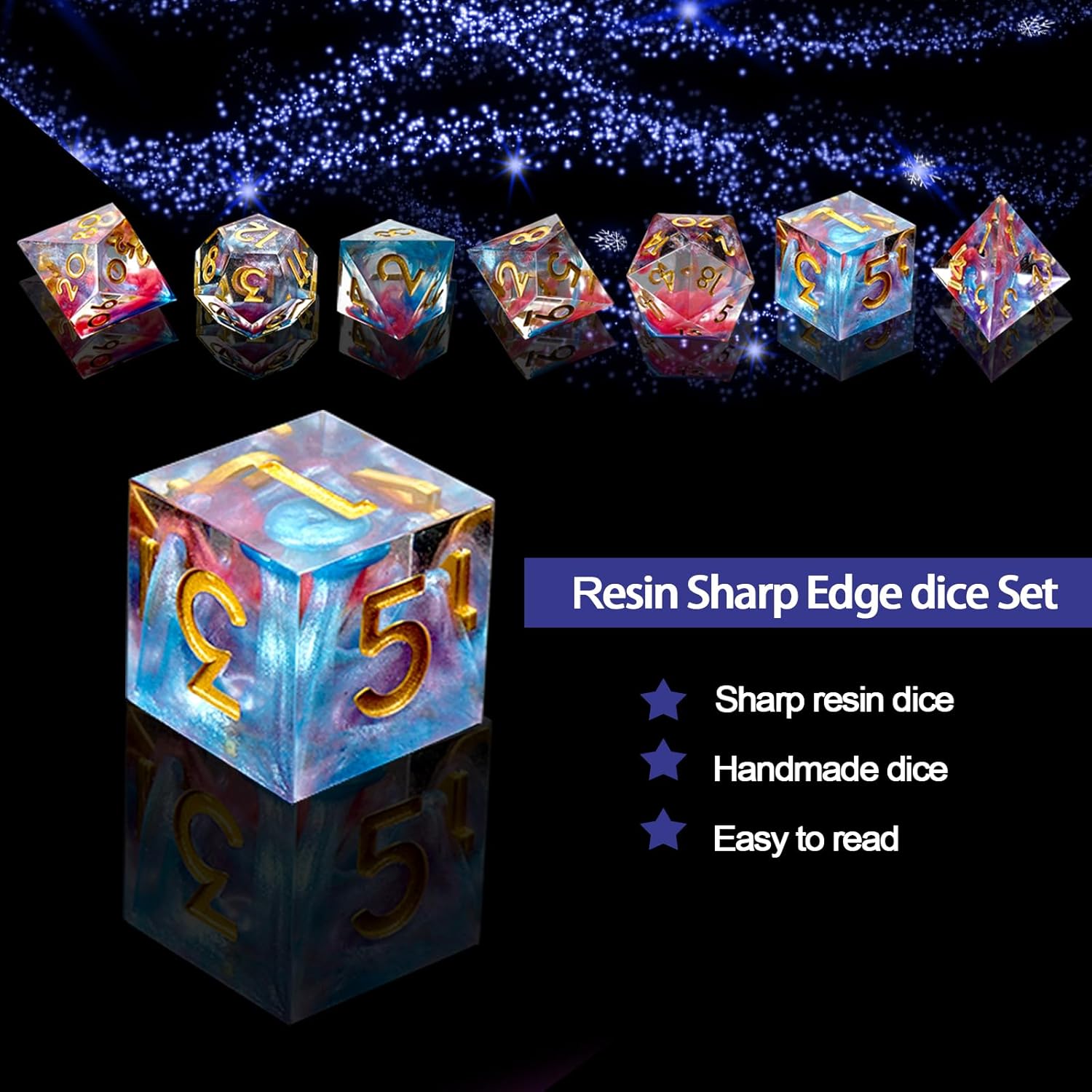DND Dice Set Sharp Edge Dice Set 7 Piece DND polyhedral Dice Numbers with Gold Leaf Exquisite Tin Box Packaging,Ideal for Dungeons & Dragons RPG and Board Games (Starry Sky Gold)