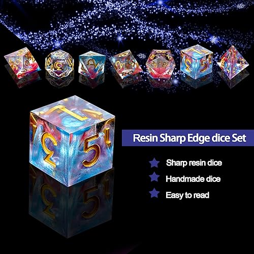 Miniatura 2 de DND - Juego de dados de borde afilado, 7 piezas de dados poliédricos DND con hoja de oro, exquisito embalaje de caja de lata, ideal para juegos de