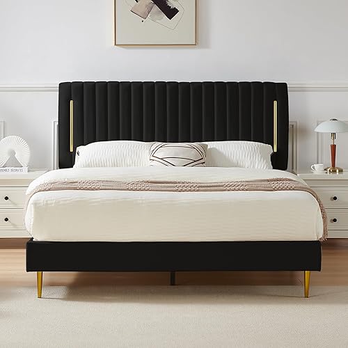 Miniatura 13 de Base de cama de plataforma Queen tapizada de terciopelo con cabecera ajustable de canal vertical, borde chapado en oro, base de colchón con listones