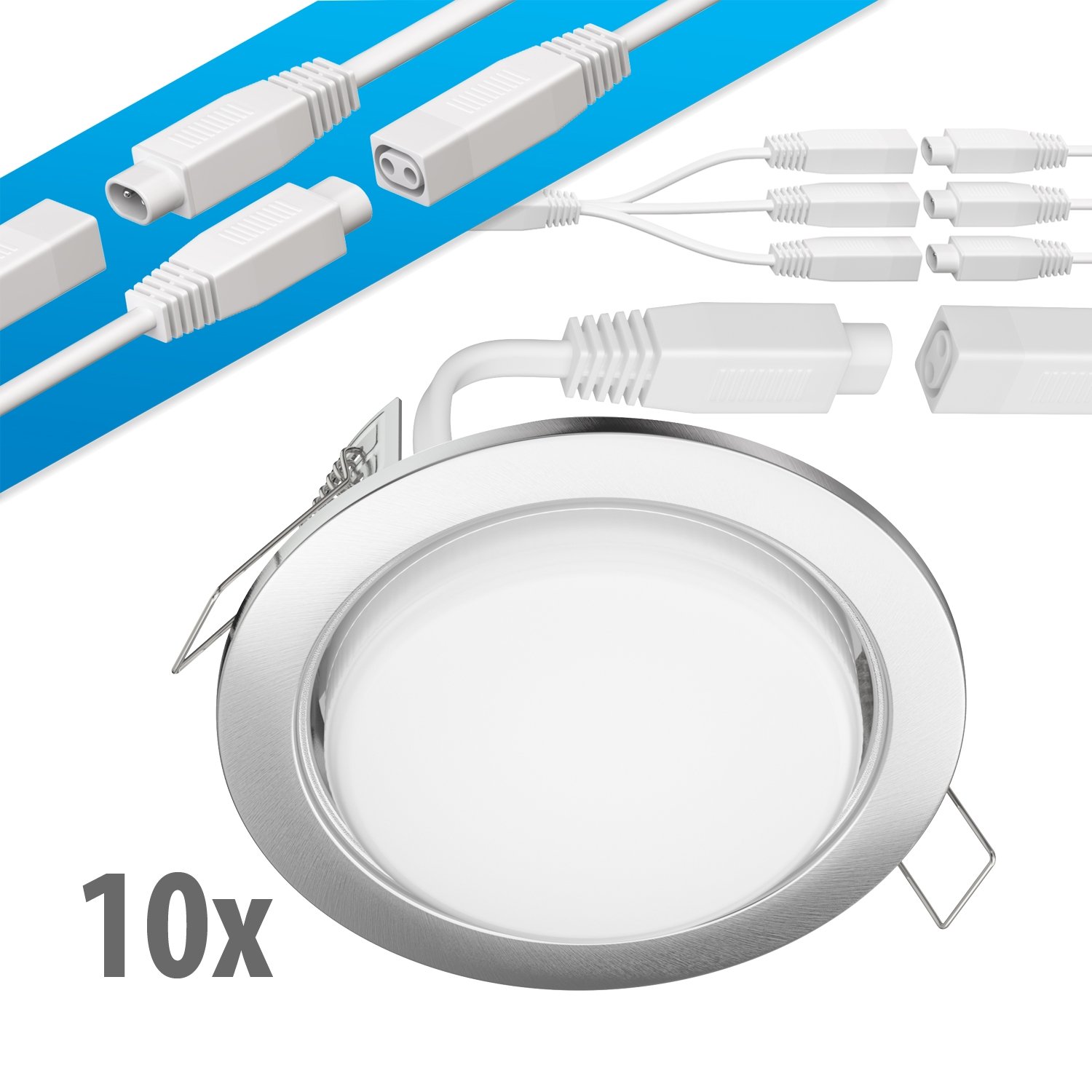 ledscom.de LED Decken-Einbaustrahler RUBA chrom matt GX562W je 509lm warmweiß rund flach 107mm Ø Lochkreis ca. 83-100mm Ø 10er Set