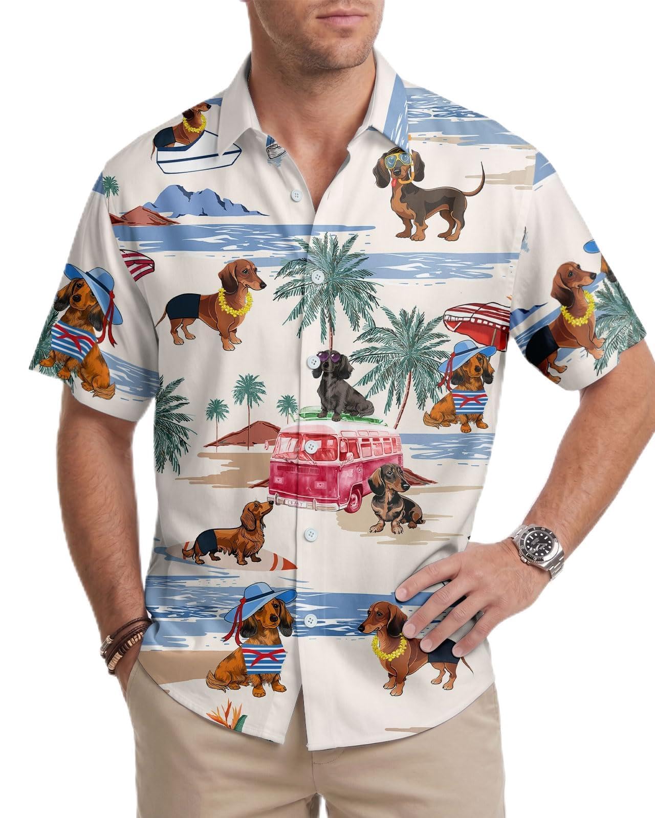 Dog Print Button Shirt, Dog Lover Summer Hawaiian Shirt, for Pet Owners, Dachshund, S โ image 1