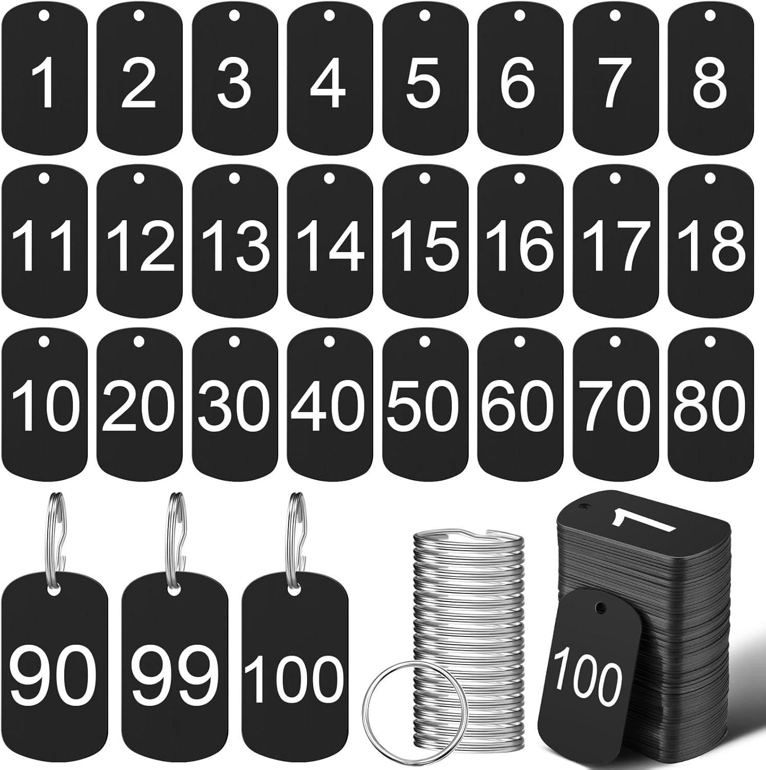 MorningRo 100 Pcs Aluminum Number Tags with Key Rings Number 1-100 Metal Key Tags for Identification Hotel Dormitory House Lockers(Black,Rectangular)