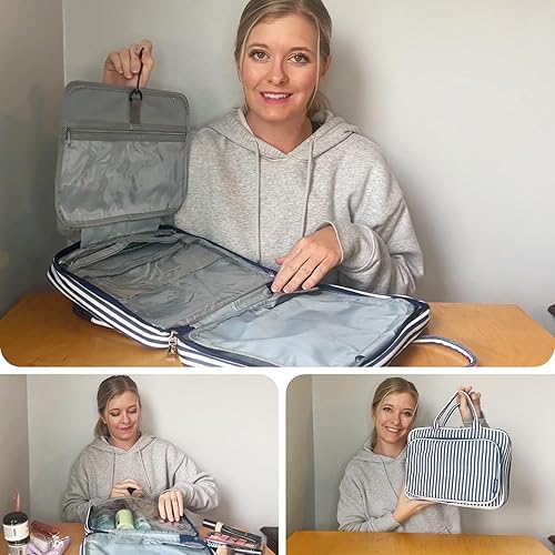 Miniatura 5 de WOOMADA Neceser con gancho para colgar, bolsa de aseo de viaje de lona, bolsa grande de maquillaje de viaje, organizador de cosméticos para juego de