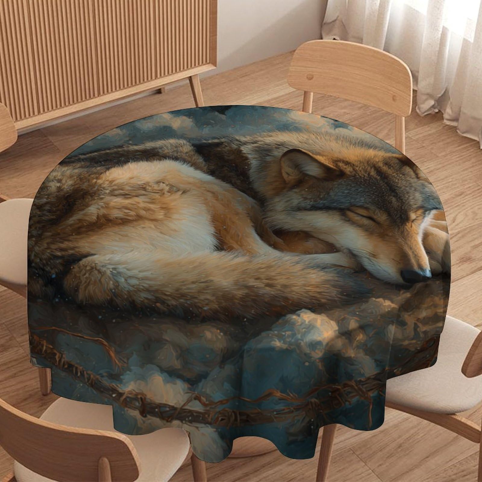 LUYYSKY Retro Aesthetic Wolves Round Tablecloth Abstract Watercolor Full Moon Dreamcatcher Animal Wolf Pattern Washable Decor for Table Cover for Kitchen-127 Wx127 L cm