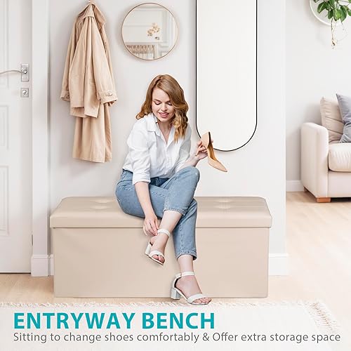 Miniatura 29 de LEMY Banco de almacenamiento otomano plegable de 43 pulgadas, taburete reposapiés con divisor de madera y gran espacio de almacenamiento, taburete