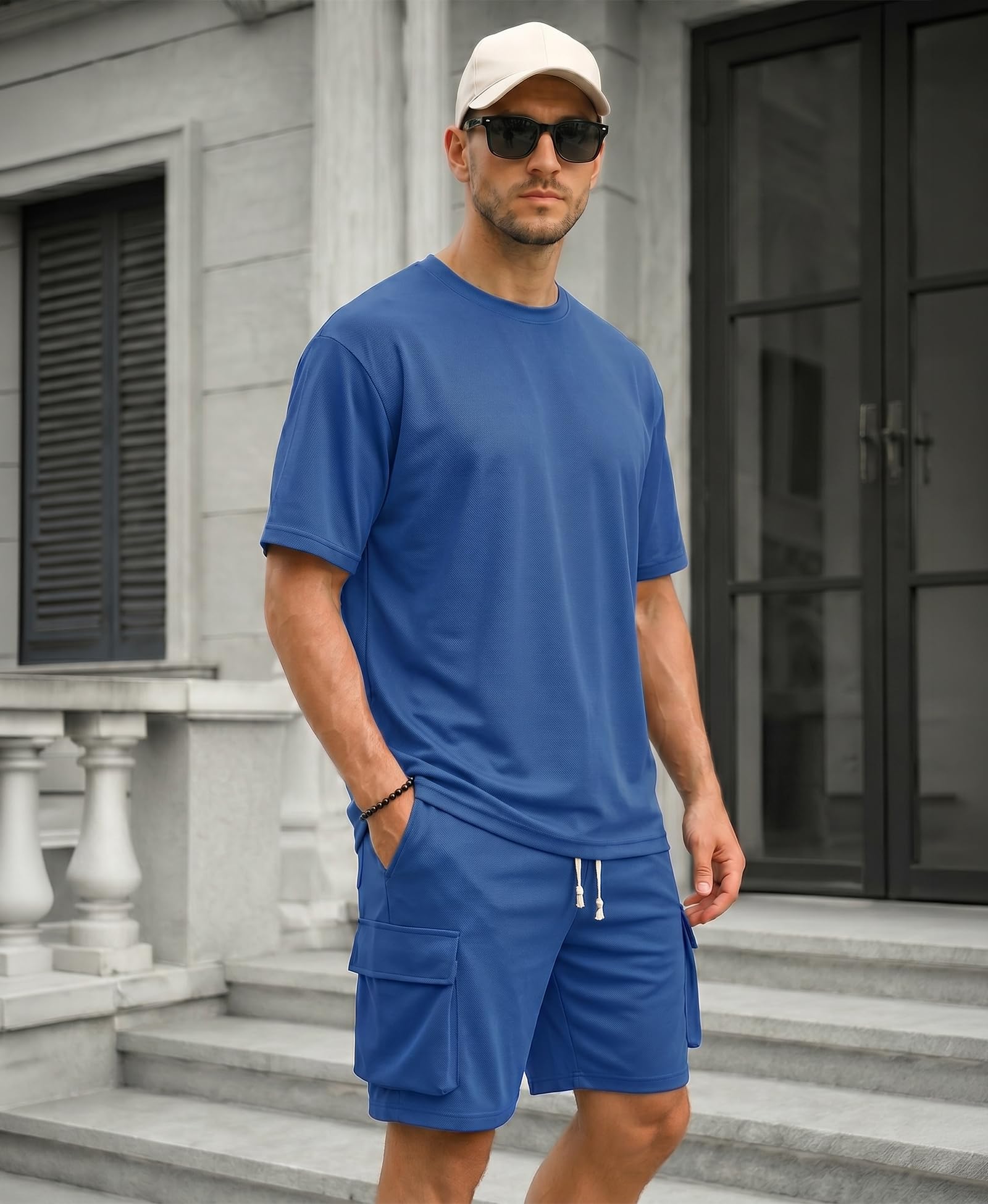 Husmeu Trainingsanzug Herren 2-teilig Sommer Streatwear Freizeitanzug – Einfarbig Kurzarm Rundhals T-Shirt + Shorts mit Kordelzug Jogginganzug Herren Set Casual Kurzarm Und Cargoshorts Zweiteiler