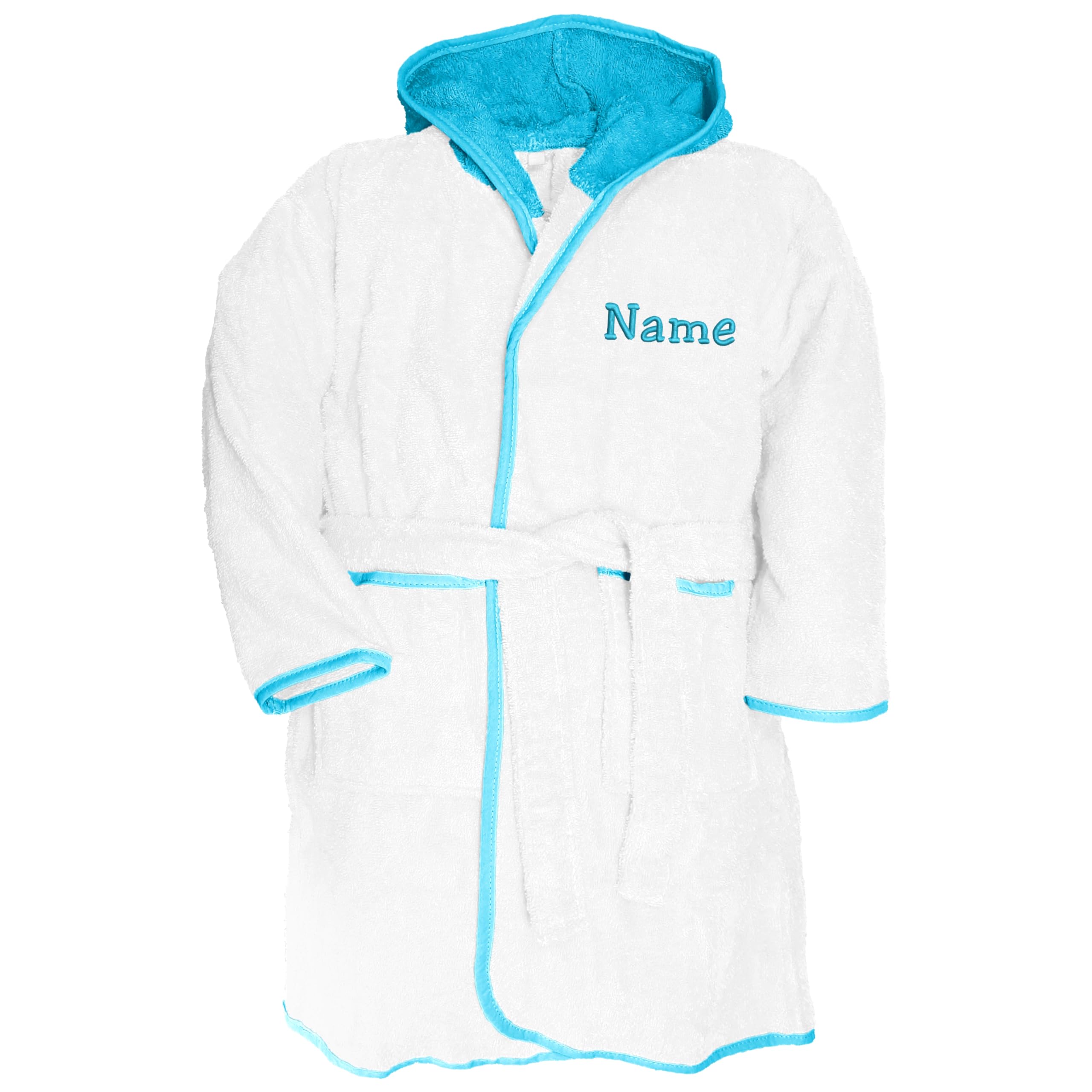 Nashville print factory Kinderbademantel Bademantel mit Kapuze bestickt mit Name/Wunschtext M021 (DE/NL/SE/PL, Numerisch, 140, 152, Regular, White/Aqua Blue)