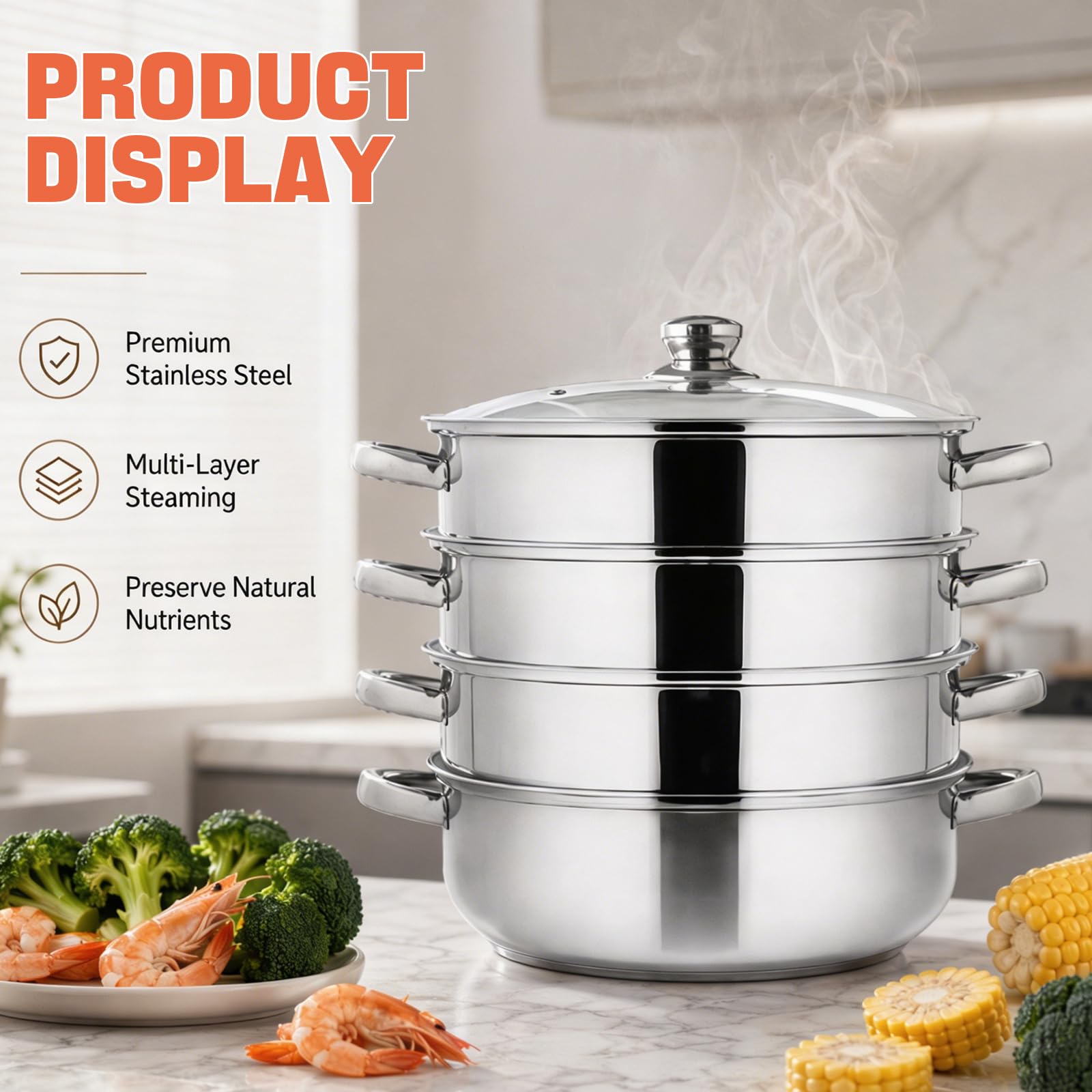 Vaporera para cocinar al vapor, 28 cm, acero inoxidable con inserto de vapor, 3/4 niveles con tapa para cocinar verduras, sopas, mariscos, guisos y pasta (cuatro)