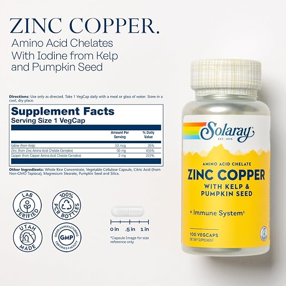 SOLARAY Zinc Copper Amino Acid Chelate - Immune Support Supplement w/Chelated Zinc 50mg - Bone, Skin, Heart Health and Thyroid Support - with Iodine from Kelp, 100 Serv, 100 VegCaps