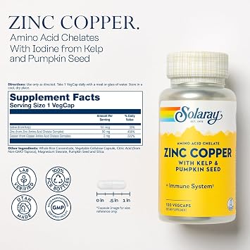 SOLARAY Zinc Copper Amino Acid Chelate - Immune Support Supplement w/Chelated Zinc 50mg - Bone, Skin, Heart Health and Thyroid Support - with Iodine from Kelp, 100 Serv, 100 VegCaps