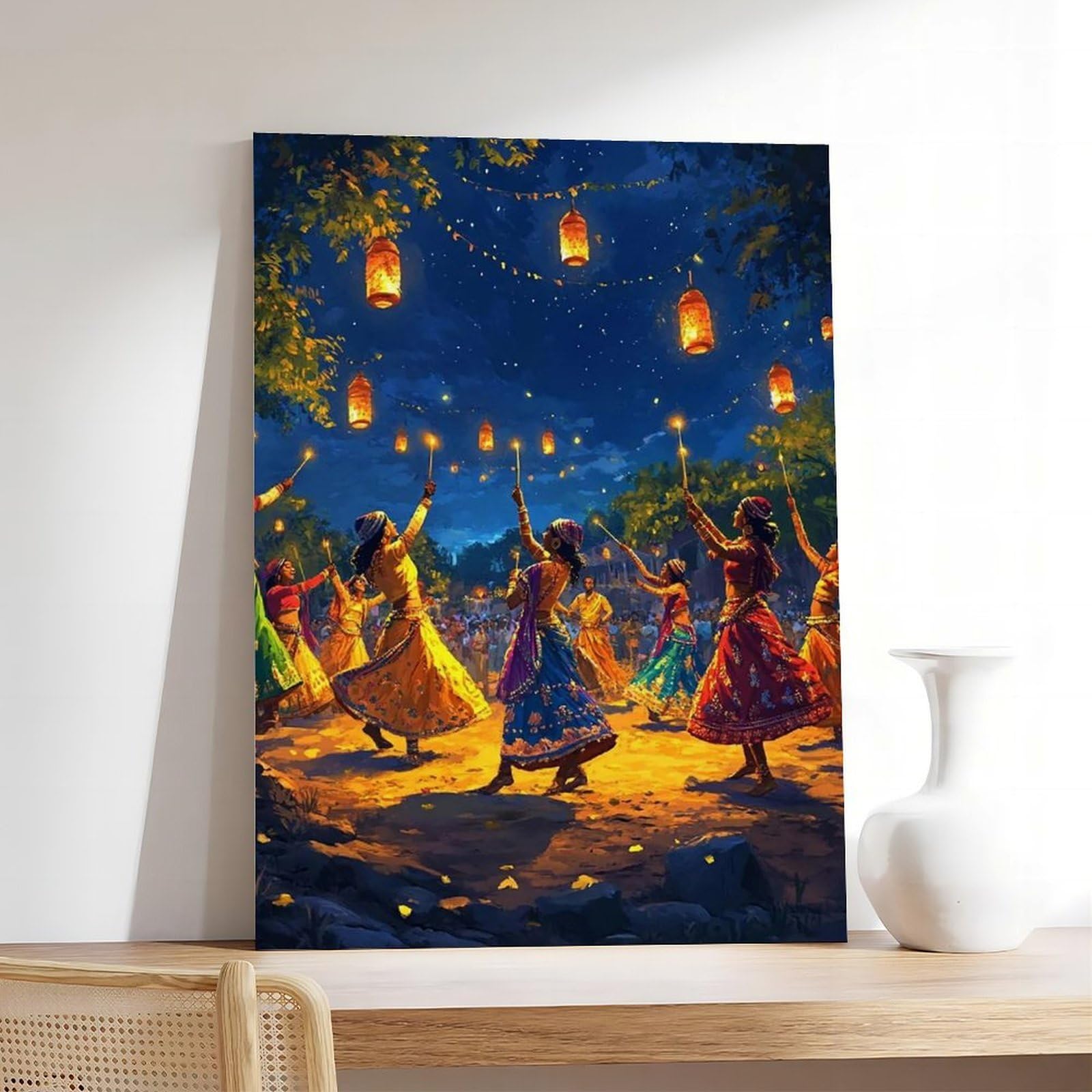 Raas Circle Dance Festival Illustrazione Poster su tela Decorazione Camera da letto Paesaggio Ufficio Camera Decor Regalo 40,6 cm L X 61 cm W