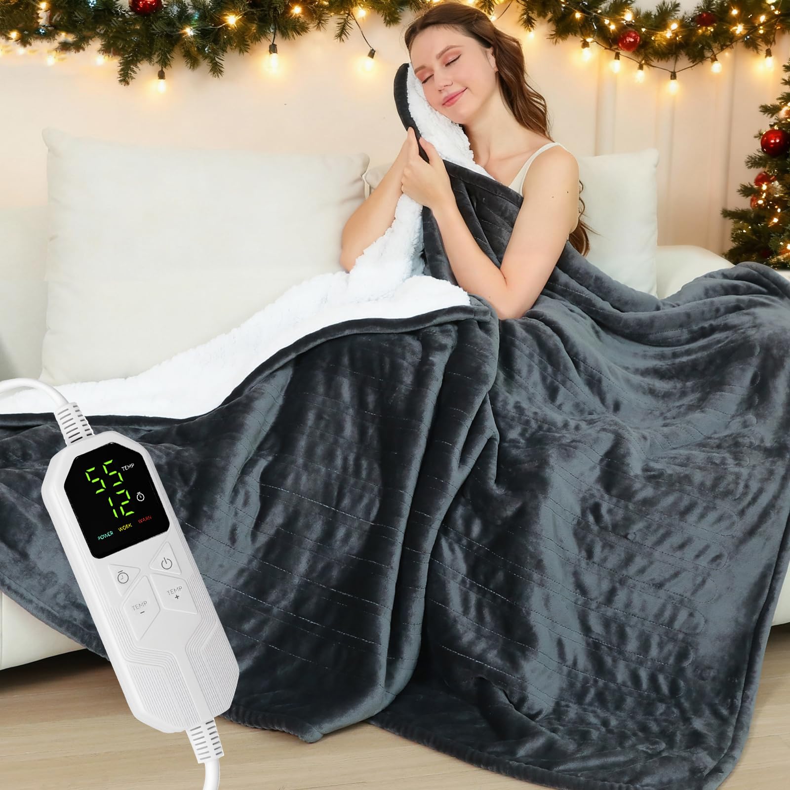 Warmfay Heizdecke mit Abschaltautomatik, 180 × 150 cm Flanell Elektrische Wärmedecke mit 8 Heizstufen & 1-12 Stunden Timer, Überhitzungsschutz, Waschbar Kuscheldecke für Bett & Sofa - Dunkelgrau