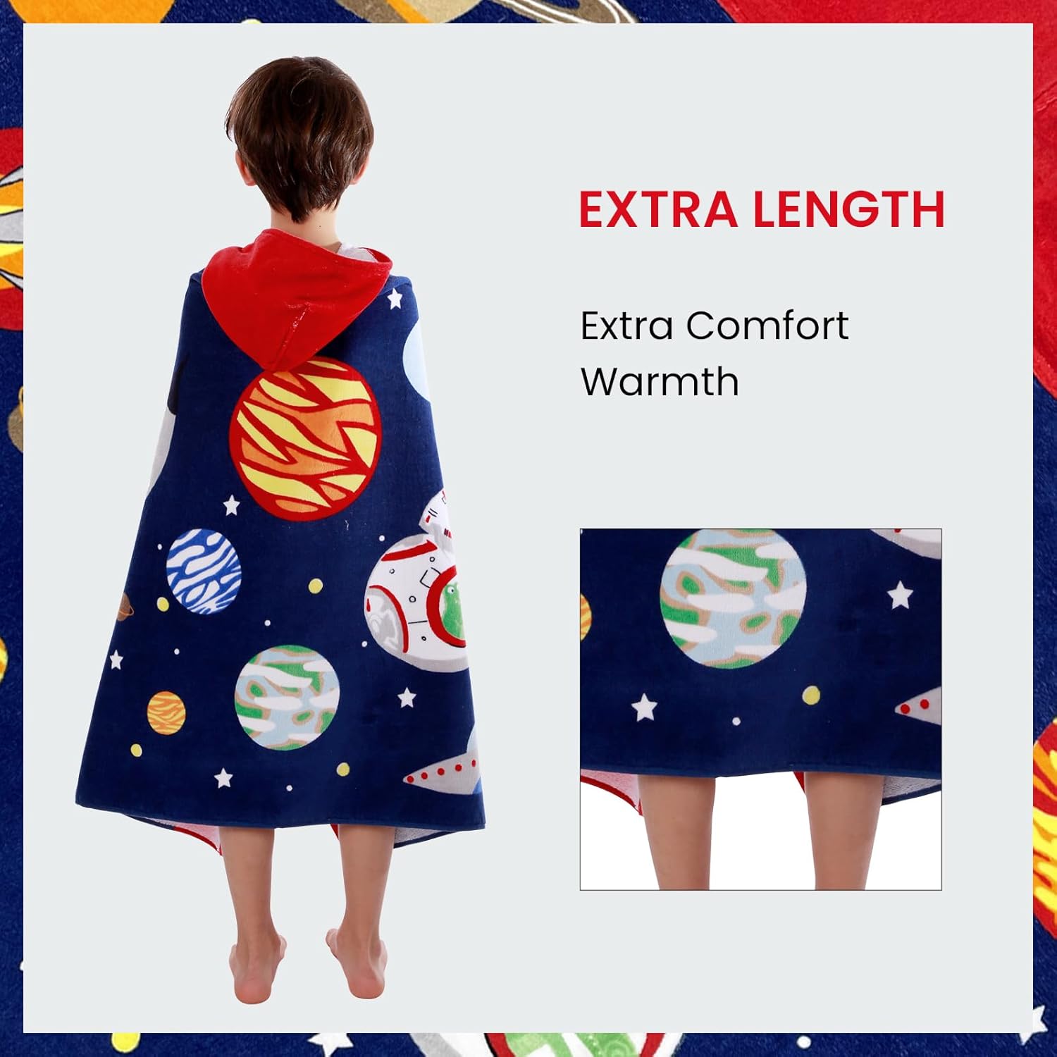 BANGSAUR Kids Hooded Beach Bath Towels, 100% Cotton 50"x30" Wrap Blanket, Toddlers Boys 3-12 Years Coverup Towel Outer Space N - Image 4