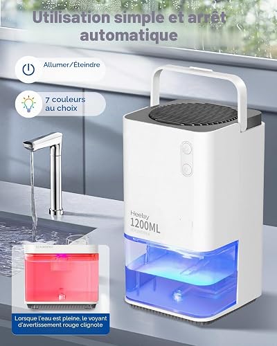 Heelay® Déshumidificateur,1200ML Petit Déshumidificateur électrique à économie D'énergie de,Portable,Ultra Silencieux,Arrêt Automatique, éclairage 7 Couleurs,Pour Salle de Bain,Idéal pour 5–10 m² - 5