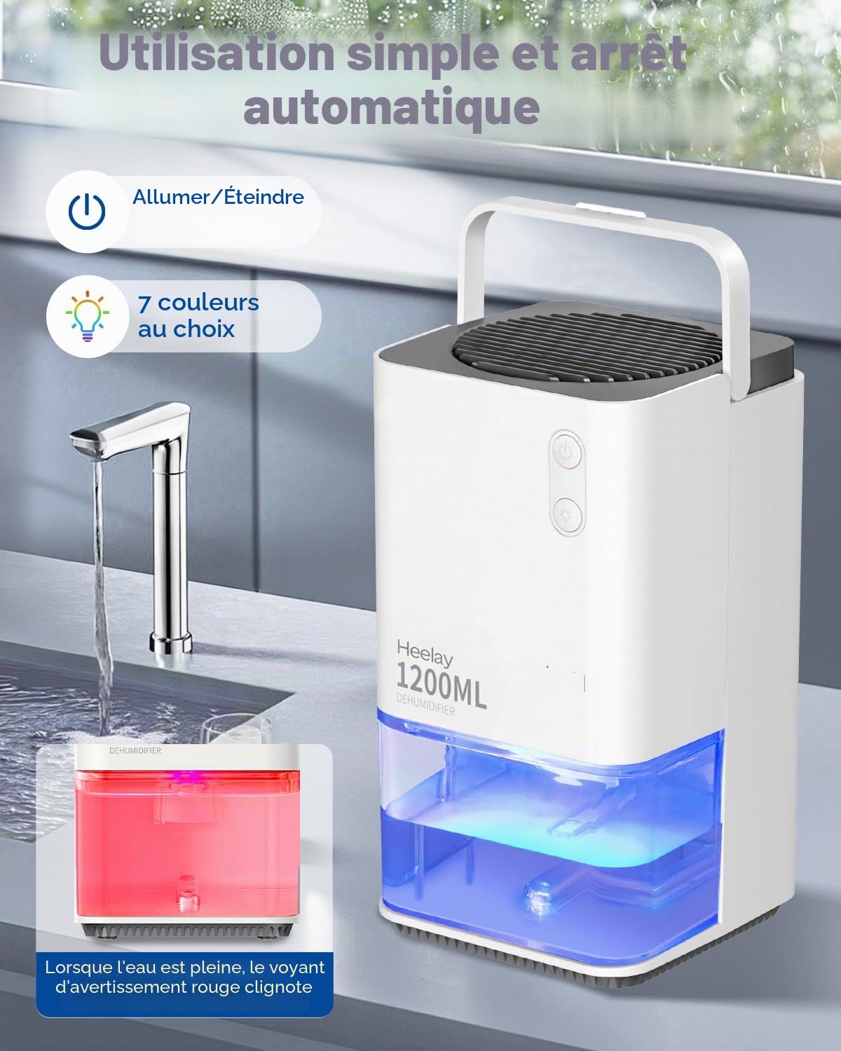 Déshumidificateur,1200ML Petit Déshumidificateur électrique à économie D'énergie de,Portable,Ultra Silencieux,Arrêt Automatique, éclairage 7 Couleurs,Pour Salle de Bain,Idéal pour 5–10 m²