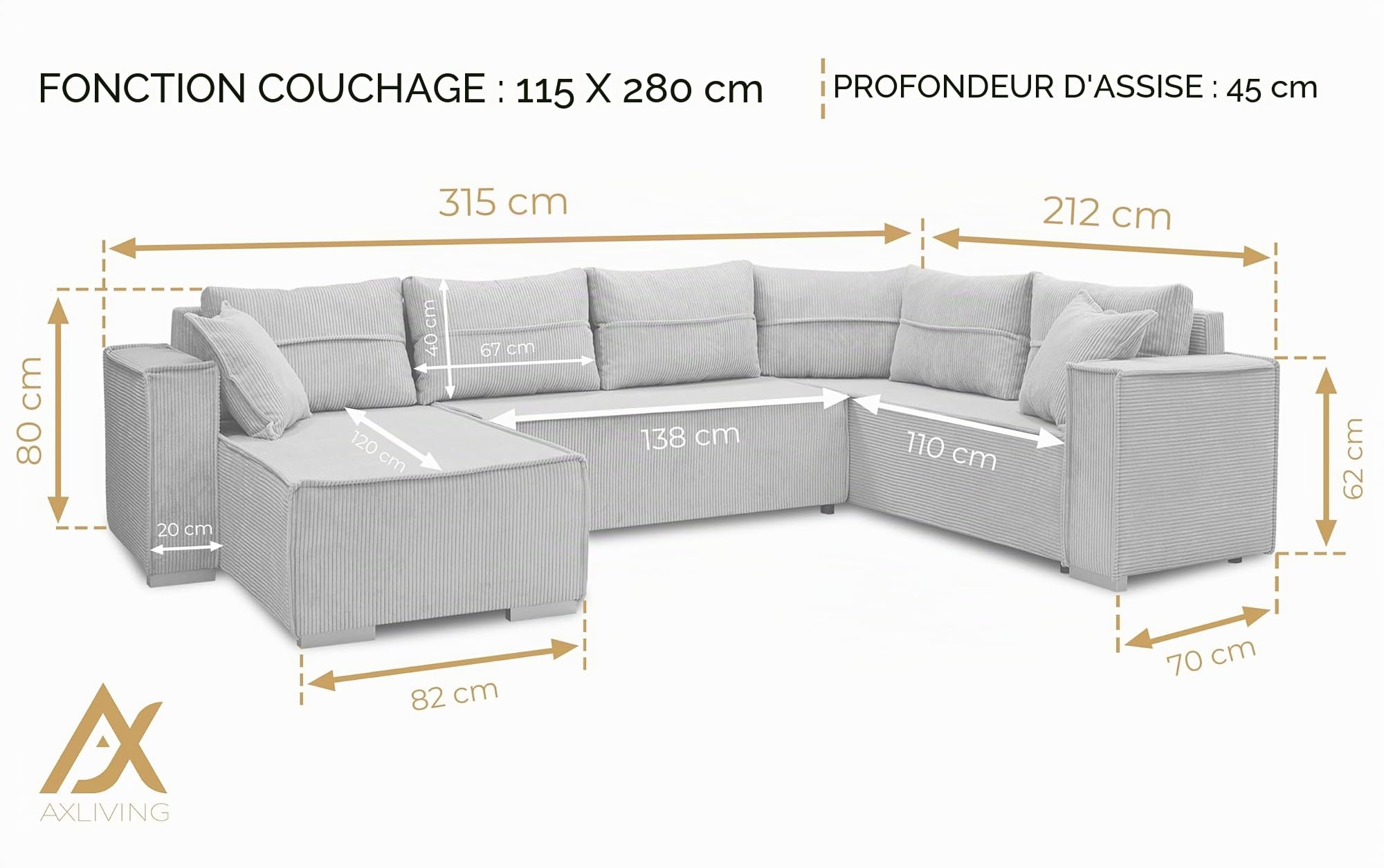 AXLIVING Canapé d'angle Grand LOVERE 314 cm - Canapé Gris Convertible