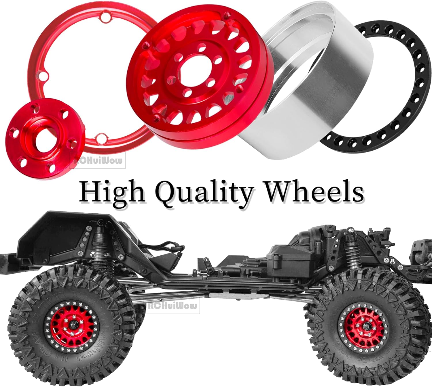 1.9in Beadlock for 1/10 SCX10 SCX10 II 90046 SCX10 III TRX-4 D90,Alloy Aluminum Heavy Duty 1.9in rc Beadlock 1.9in Rims,4pcs,Red