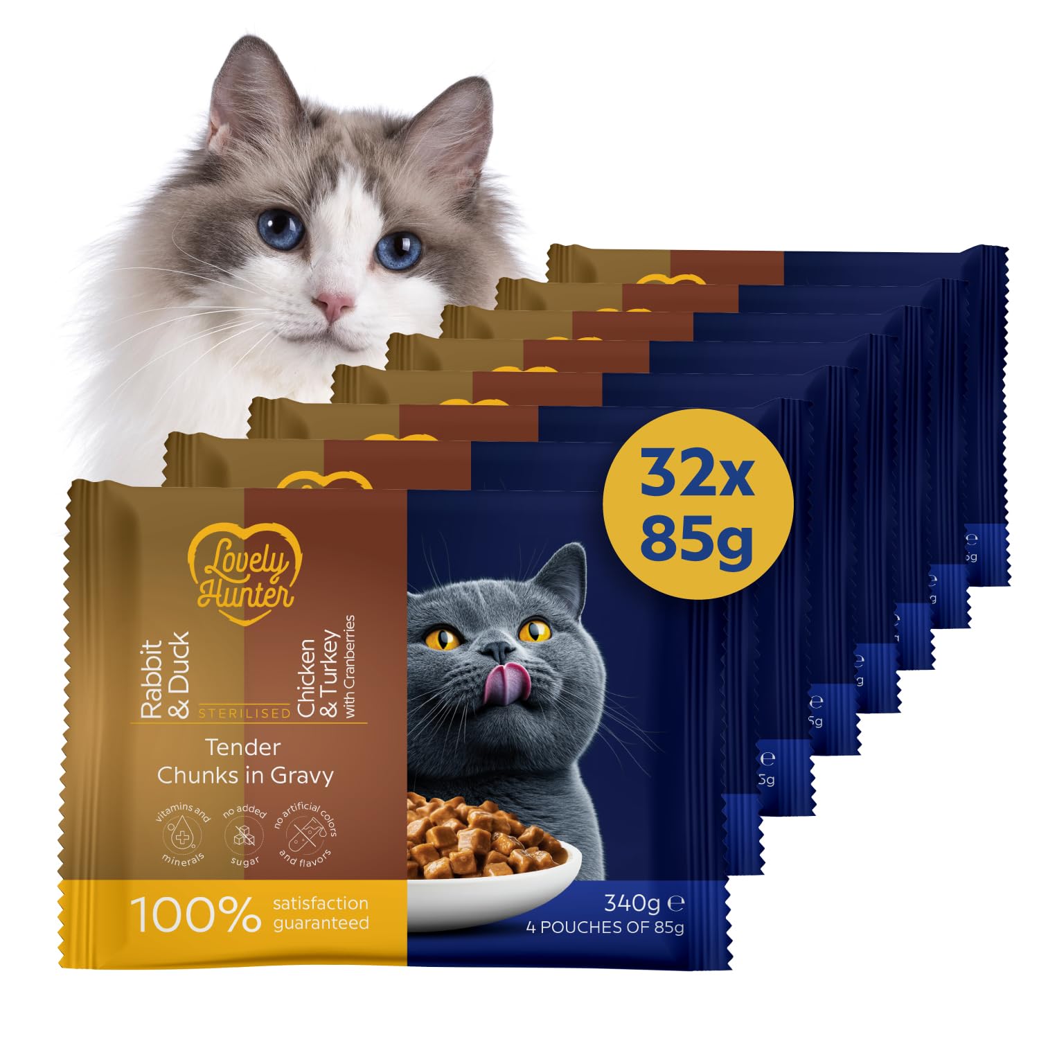 Lovely Hunter Sterilised Wet Cat Food Pouches Variety Pack (Rabbit & Duck and Chicken & Turkey) - Cat Wet Food Pouches for Urinary Tract Health, Low-Calorie Cat Food in Gravy (32x85 g)