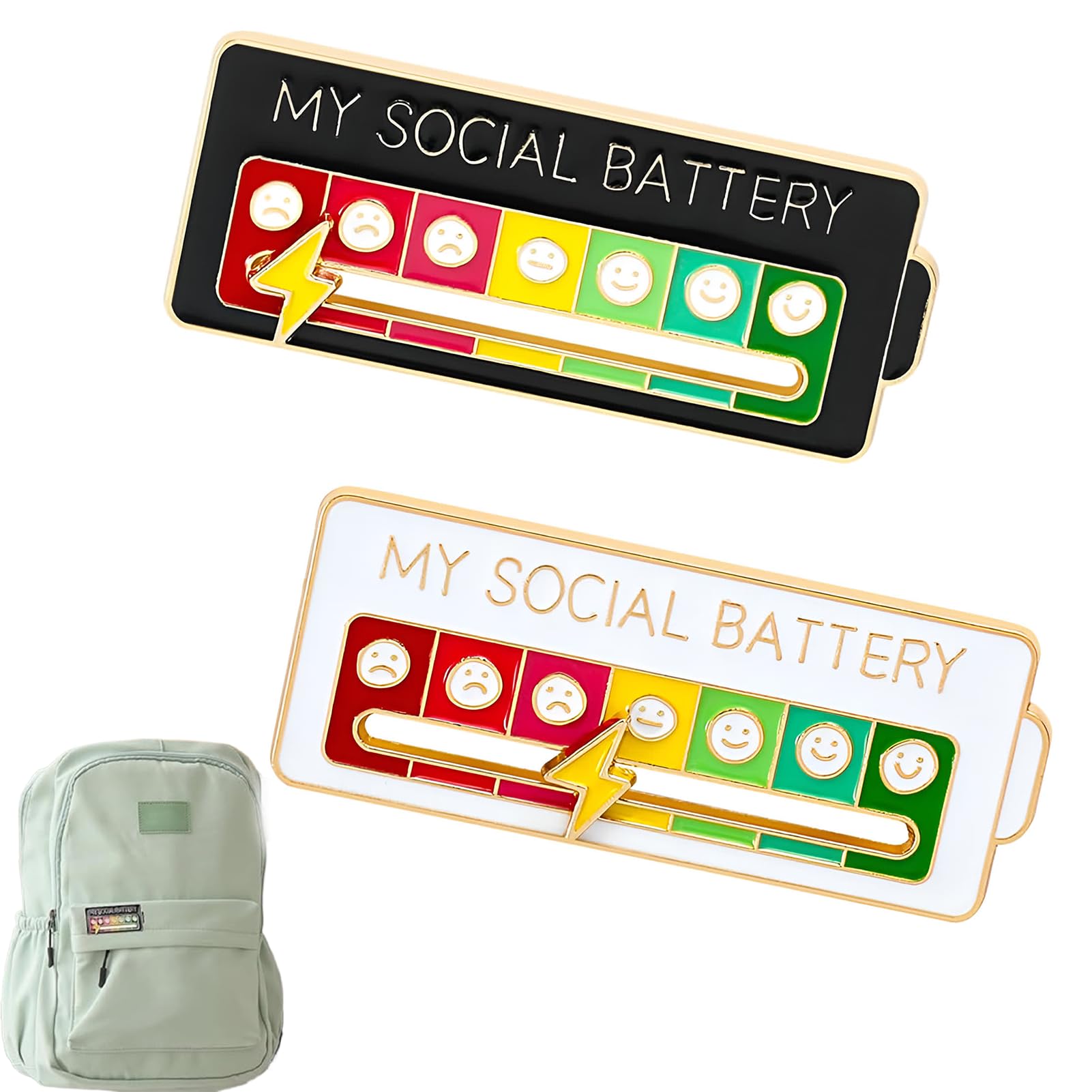 2 Stück Social Battery Pin, My Social Slider Badge, Interaktive Stimmungsnadeln für 7 Tage, Lustige Brosche (Weiß und Schwarz)