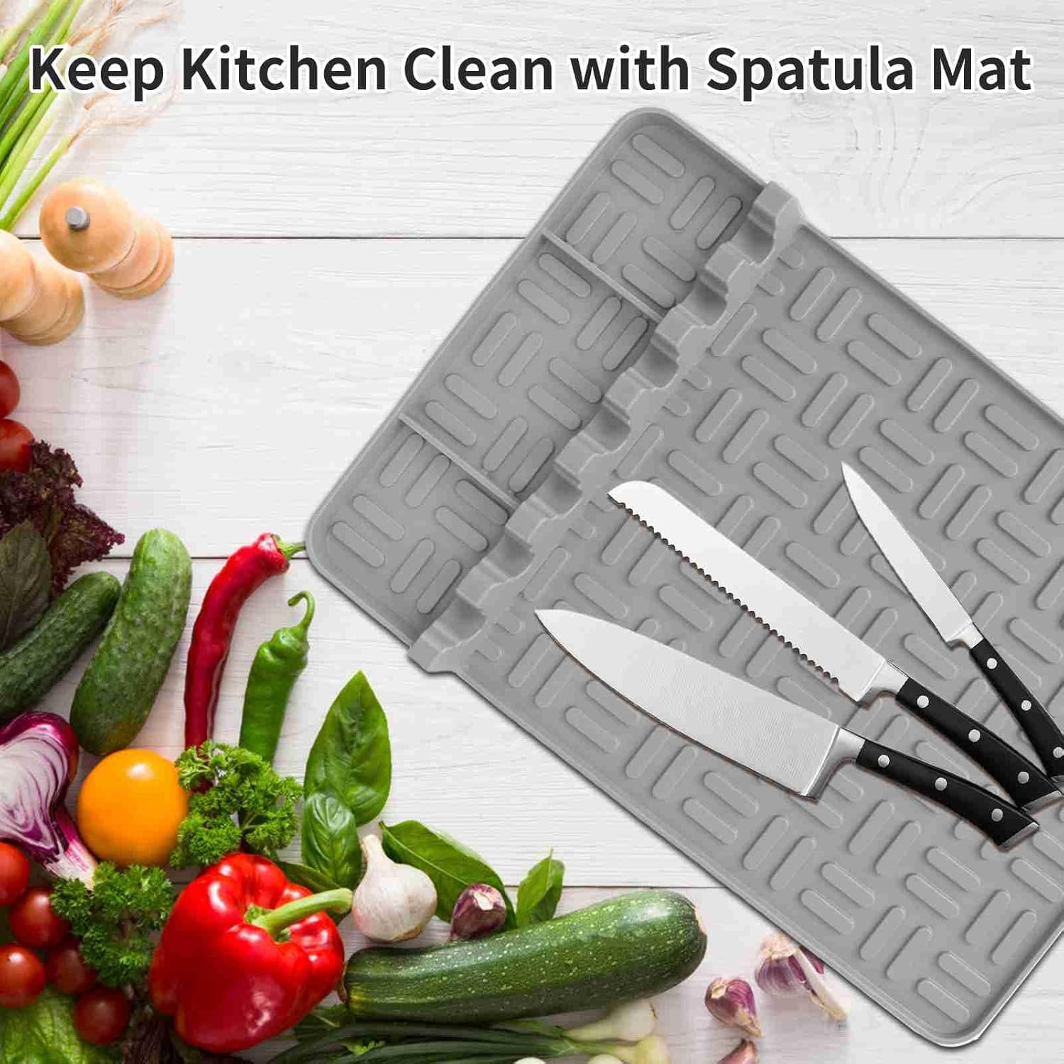 Alomejor Silicone Grill Mat, 2 Pack Silicone Spatula Holder with Drip Pad and 8 Slots for Outdoor BBQ Grill Kitchen Countertop Organization