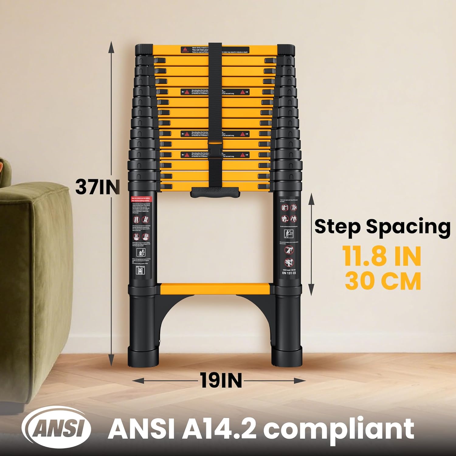 14.5 FT Telescoping Ladder, ANSI Certified, Type IA Heavy Duty, 330lbs Max Capacity, Aluminum Extension Ladder for Home, Roof, RV; Yellow