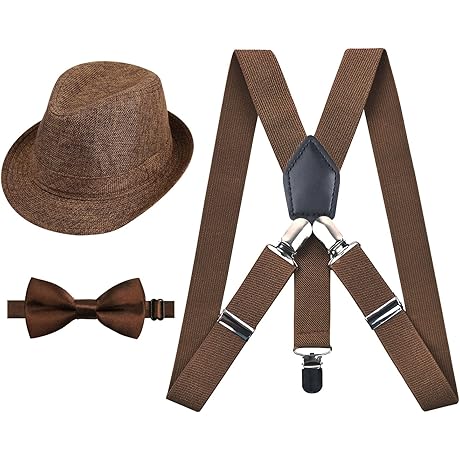 1 inch Suspenders and Bow Tie Set with Hat for Kids in Brown