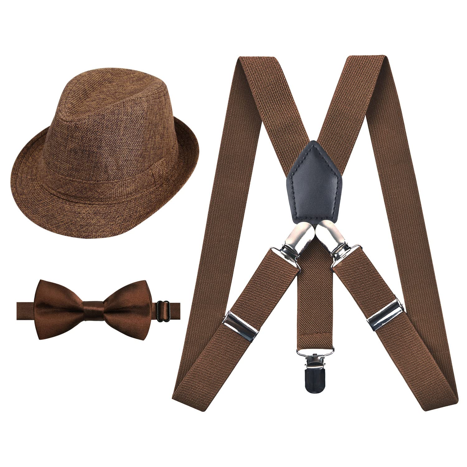Alizeal 2.5cm Elastic Braces 3 Clip Suspender and Bow Tie Set with Hat for Kids-Coffee