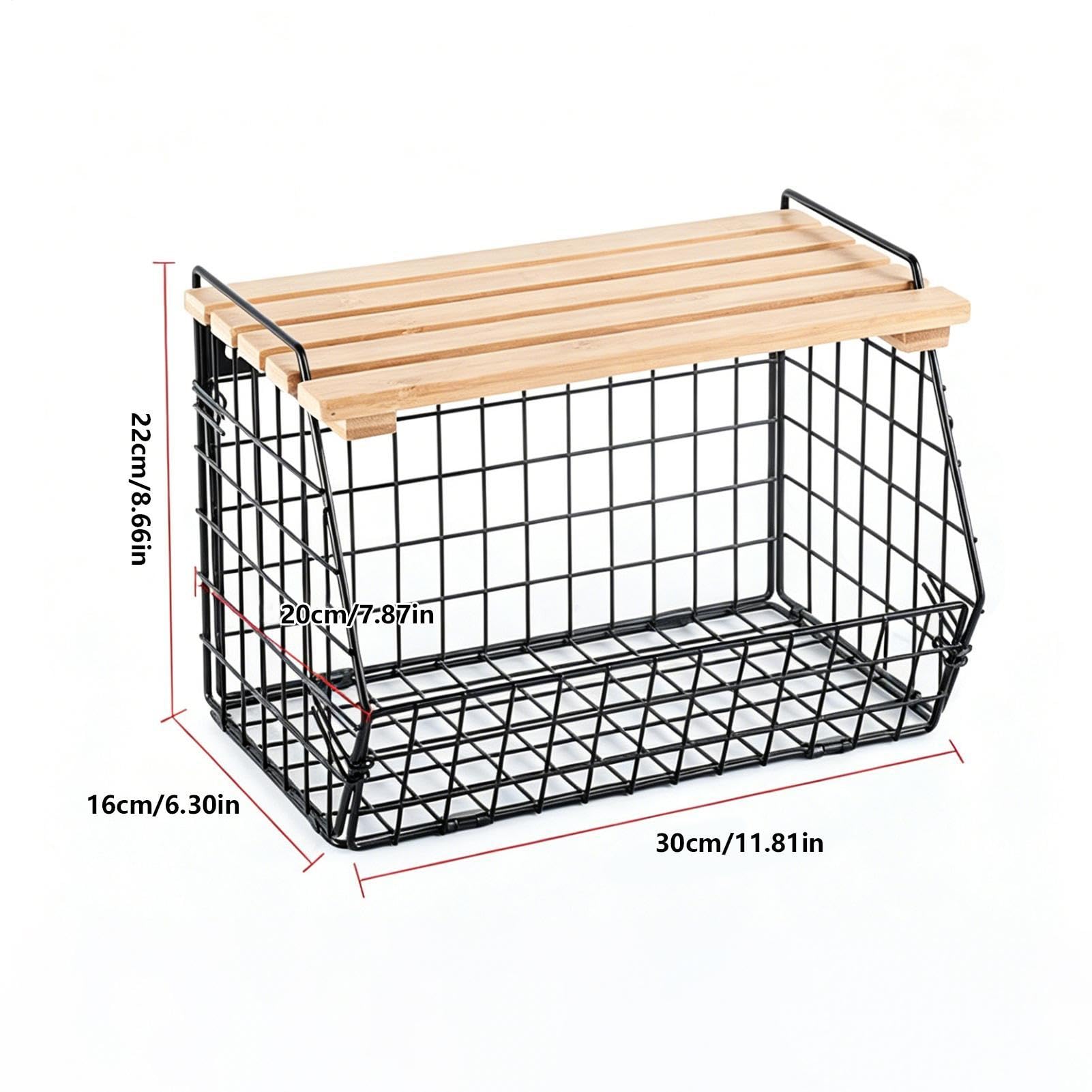 Cesta de alambre de almacenamiento, contenedor montado en la pared para uso en la cocina, marco de hierro con tapa de madera, función de diseño apilable, accesorio de fácil organización, adecuado para