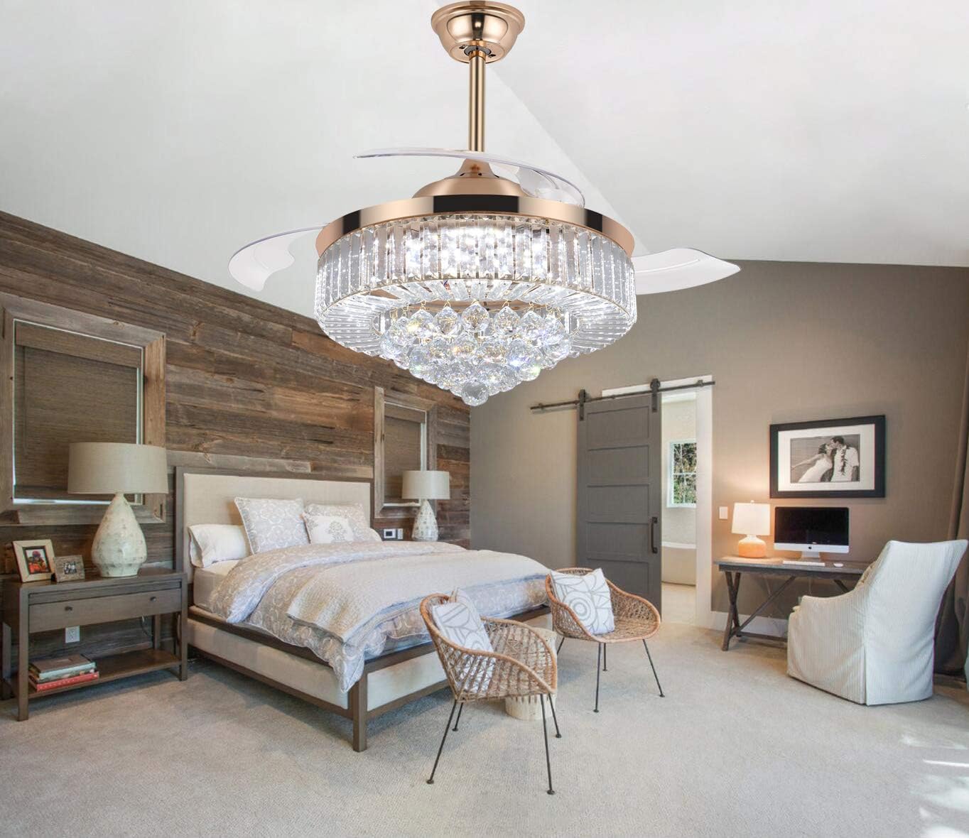 Suреr Bіg Clеаrаnсе! TiptonLight Modern Crystal Ceiling Fan with Lights, 42 Inch Remote Control Chandelier Fan with Retractable Blades for Living Room Bedroom Dining Room