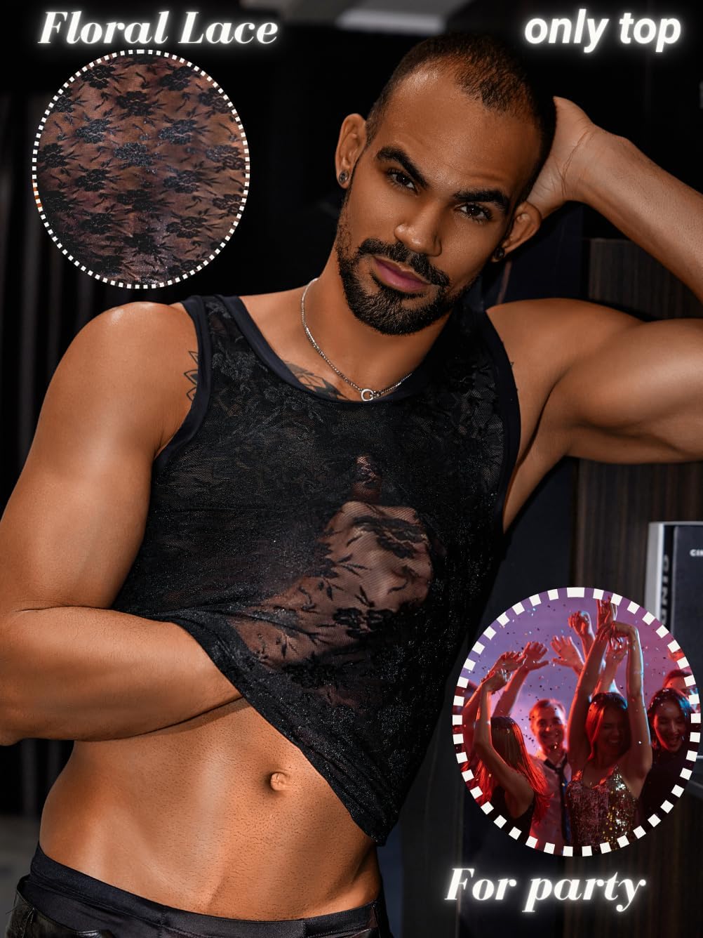 Men's Tank Top, Sheer Lace Undershirts, Sexy Mens Sleeveless Shirt, Sissy Clothes for Men Femboy Lingerie Mesh - Image 4